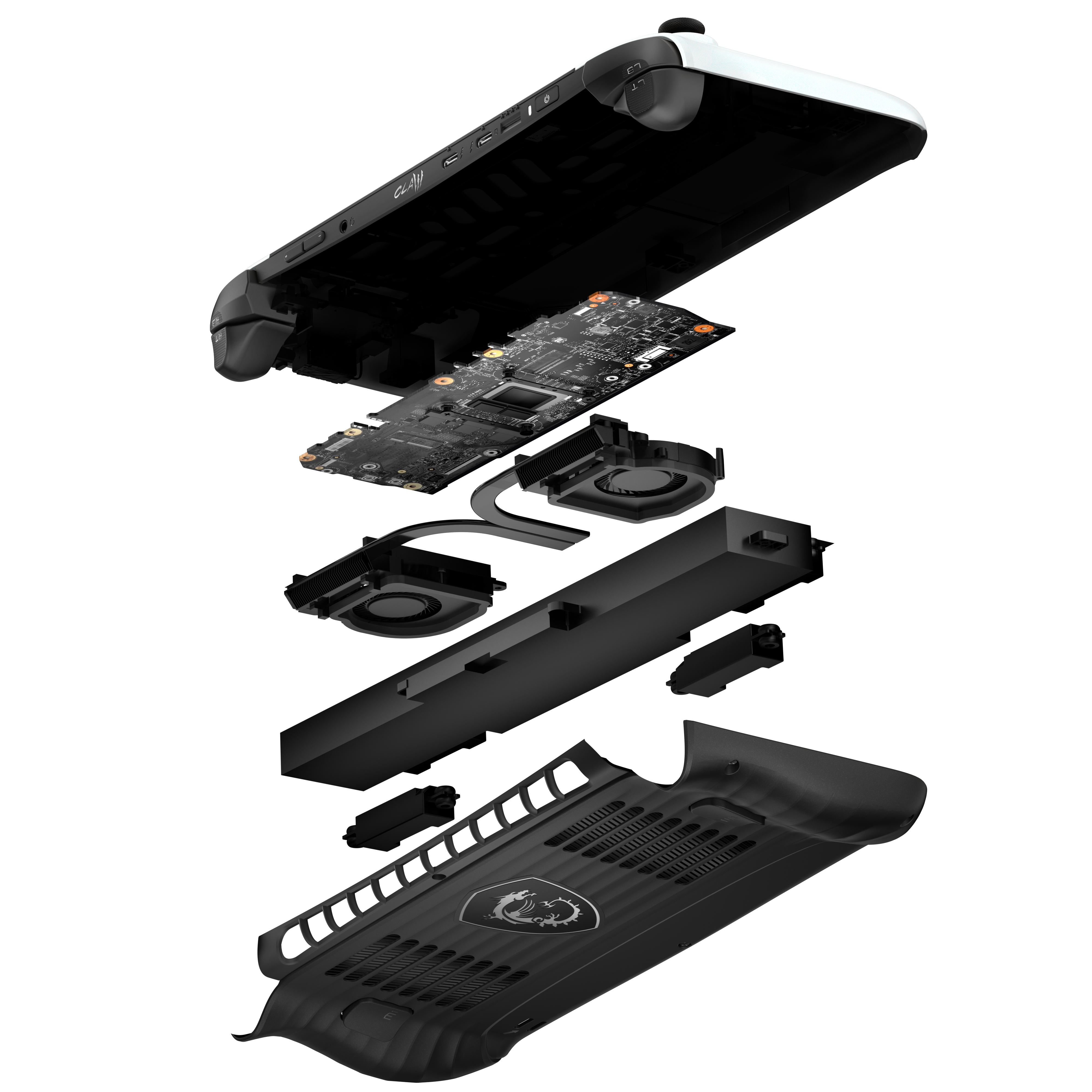 Explodierte Ansicht einer schwarz-weißen Handheld-Spielekonsole. Zu den Komponenten gehören Platine, Lüfter und Gehäuse.