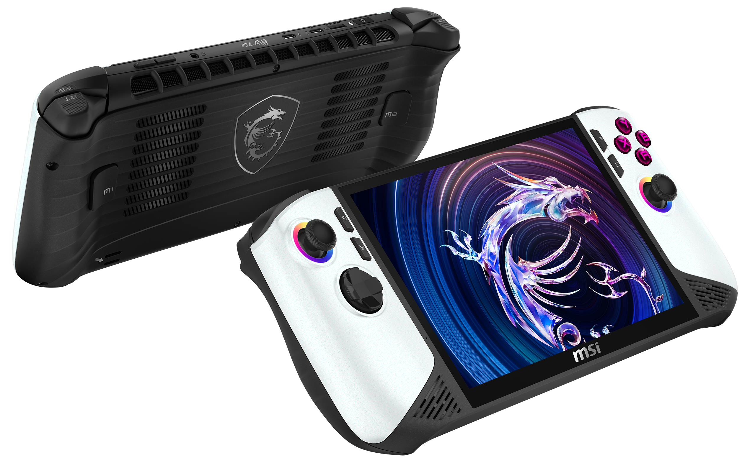 Eine weiß-schwarze Handheld-Spielekonsole mit einem Bildschirm, der ein Drachenlogo zeigt. Eine andere Konsole ist dahinter.