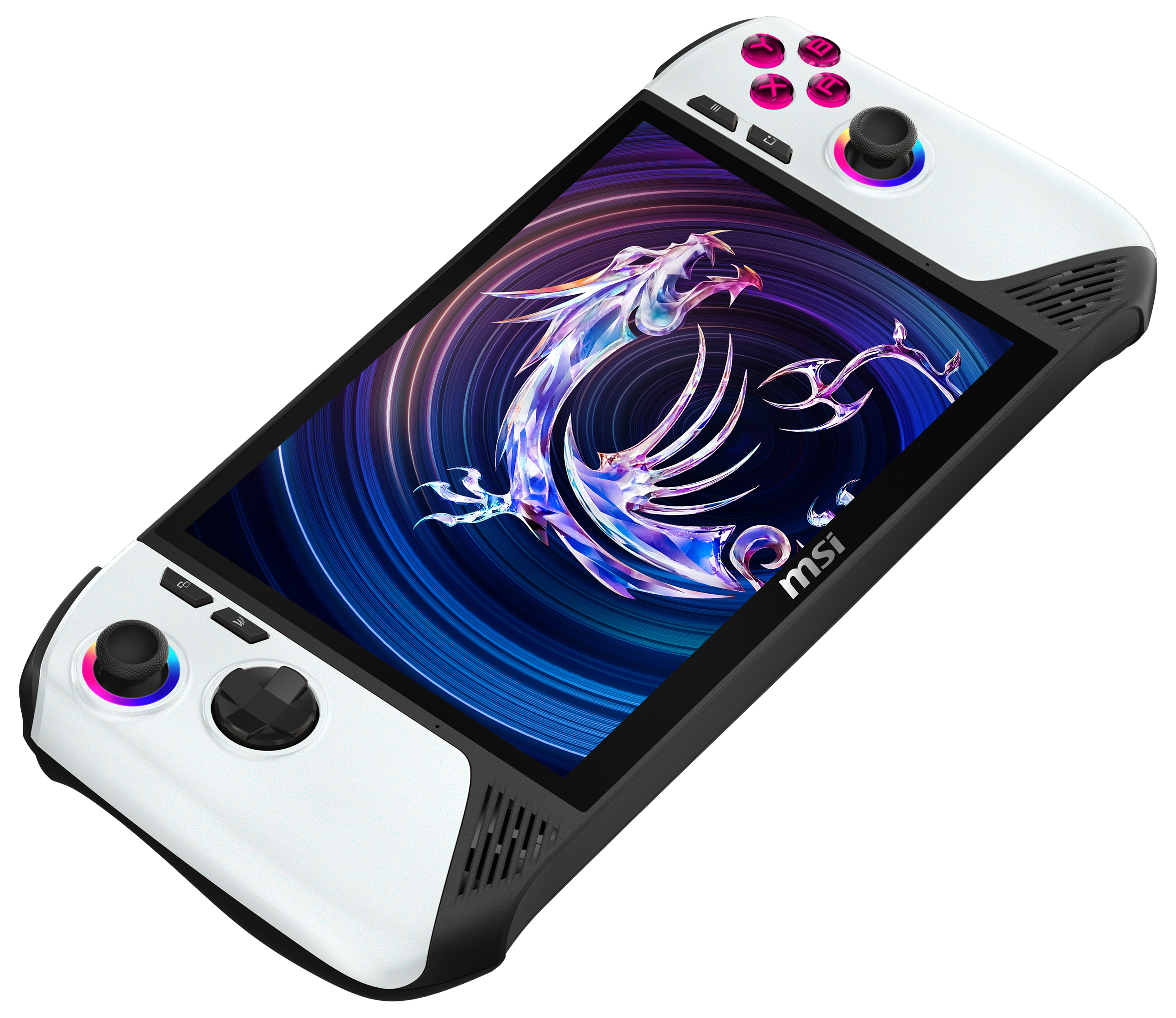 Ein weißes und schwarzes Handheld-Gaming-Gerät mit einem Bildschirm, der ein Drachenlogo zeigt. Knöpfe auf beiden Seiten, mit rosa und Regenbogen Akzenten.