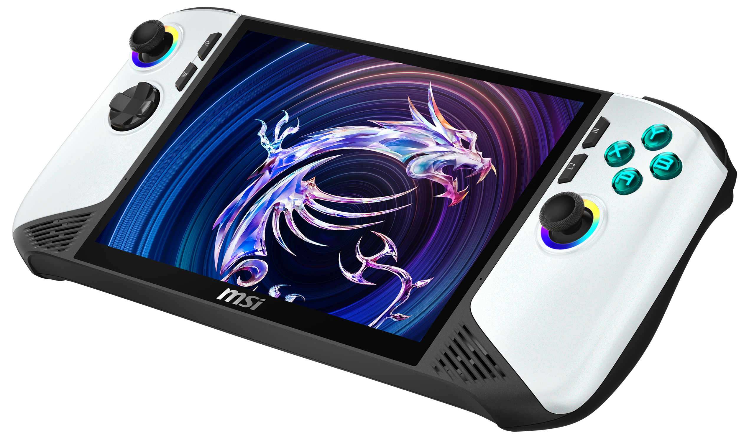 Weißes MSI-Handheld-Gaming-Gerät. Der Bildschirm zeigt eine Drachengrafik. Steuerknüppel und Tasten sind auf beiden Seiten sichtbar.