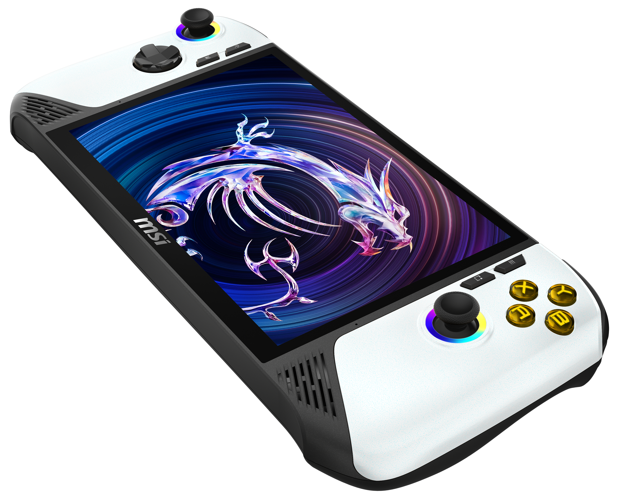 Ein weißes und schwarzes Handheld-Spielgerät. Der Bildschirm zeigt eine Drachengrafik. Hat Tasten und Joysticks.