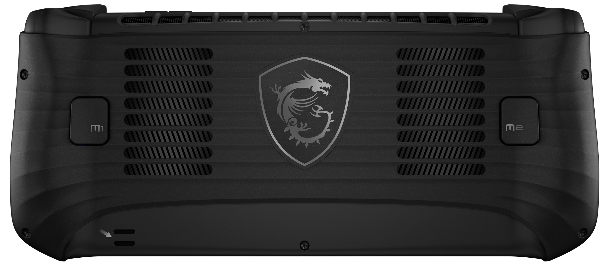Schwarzes Handheld-Gaming-Gerät. Merkmale: Luftschlitze, Tasten und ein silbernes Drachenlogo. Das Gerät ist mattschwarz.