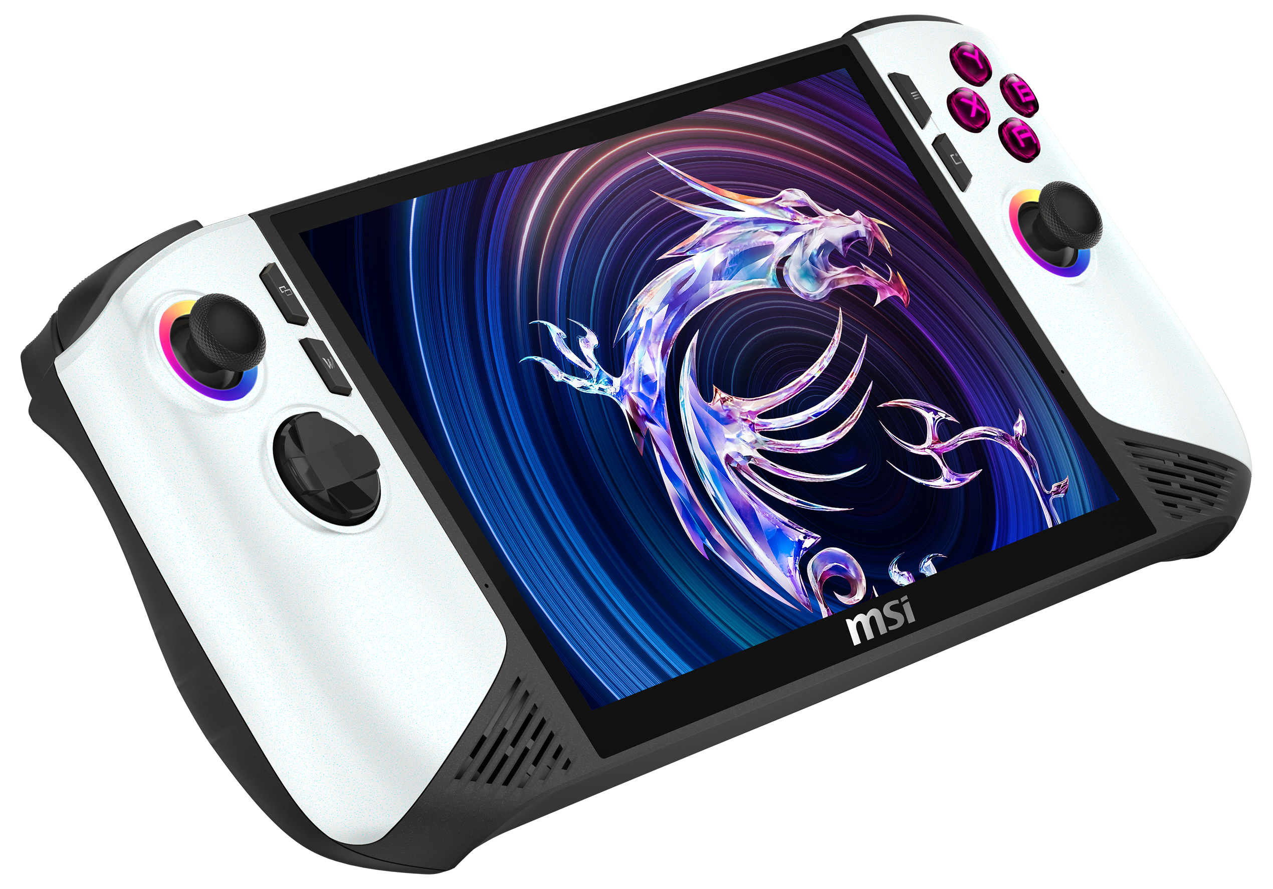 Weißes und schwarzes Handheld-Gaming-Gerät mit einem Bildschirm, der ein Drachenbild zeigt. Es hat Knöpfe, Joysticks und das MSI-Logo.