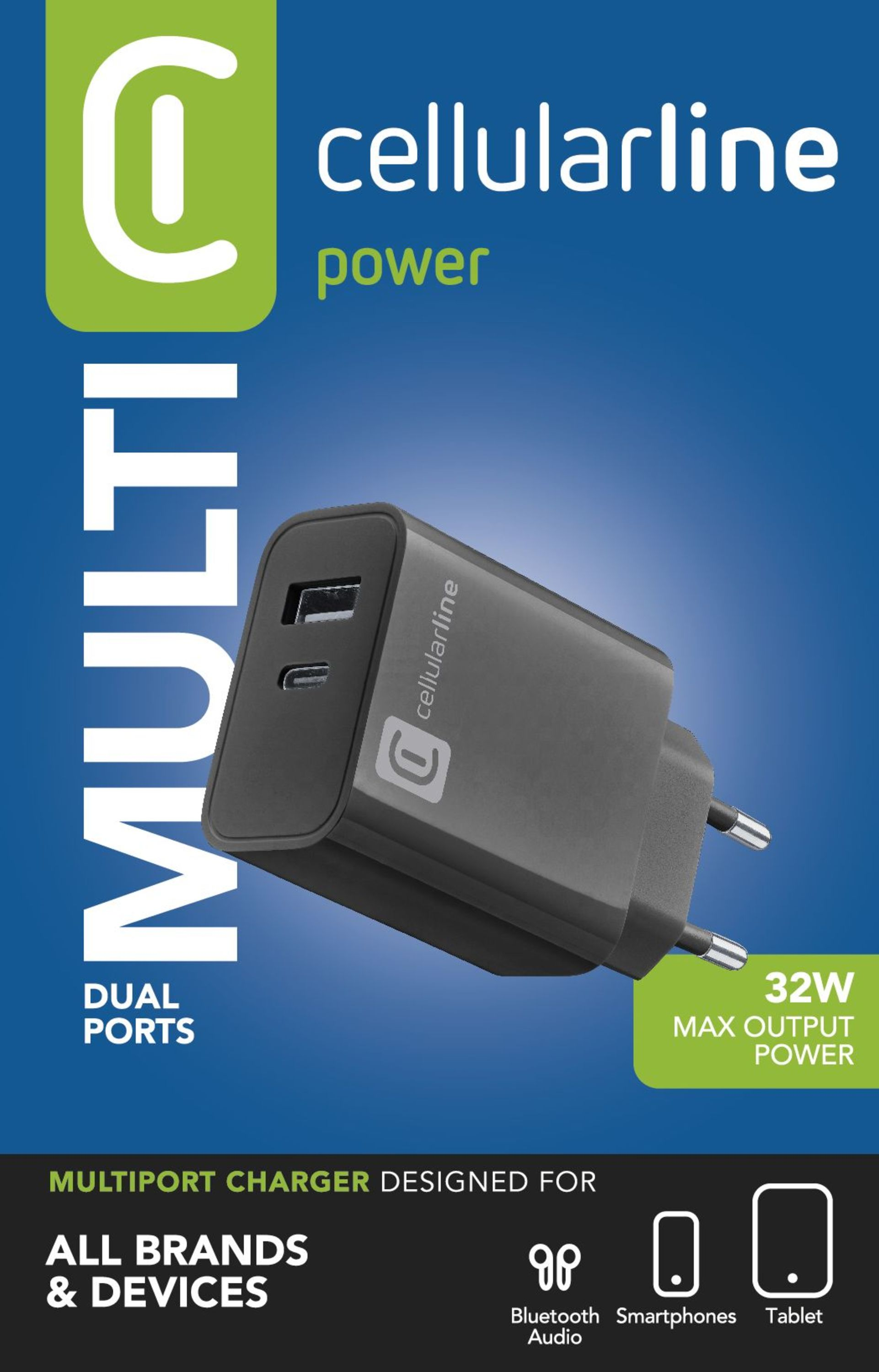 Ein schwarzes Cellularline-Multiport-Ladegerät mit zwei Anschlüssen, für alle Marken und Geräte, mit 32W max. Leistung.
