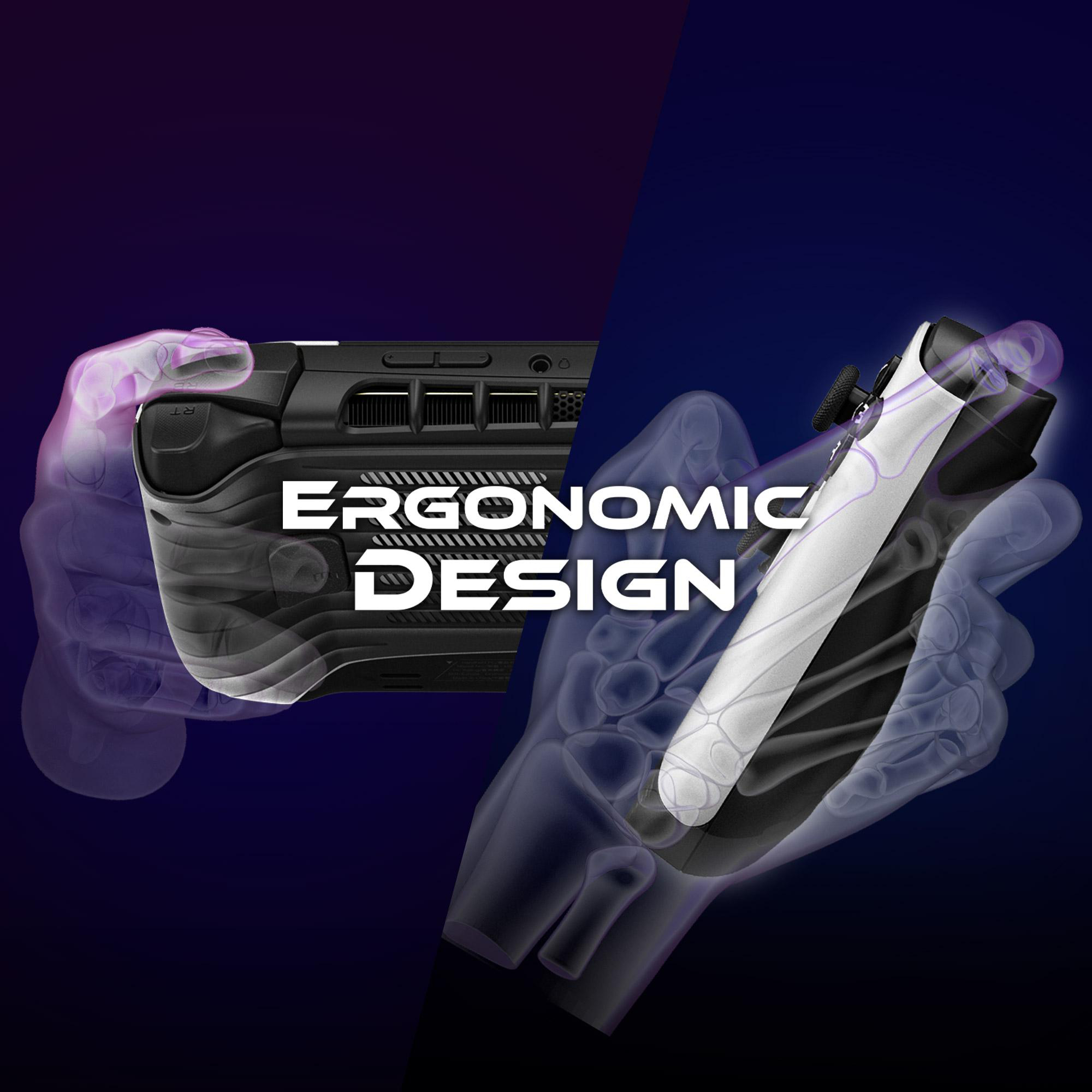 Hände halten ein Gaming-Gerät und zeigen ergonomisches Design. Das Gerät ist schwarz und weiß. Röntgenartige Hände sind überlagert.
