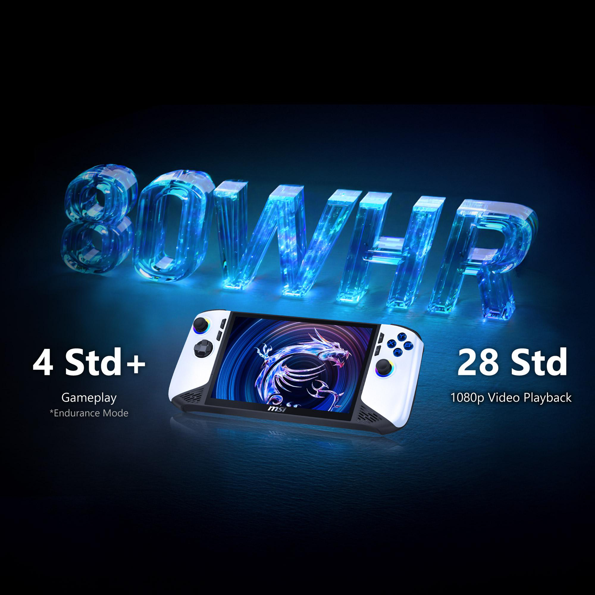 Das Bild zeigt ein Handheld-Gaming-Gerät mit einem Drachen-Grafik auf dem Bildschirm und dem Text '80WHR', '4 Std+' und '28 Std'.