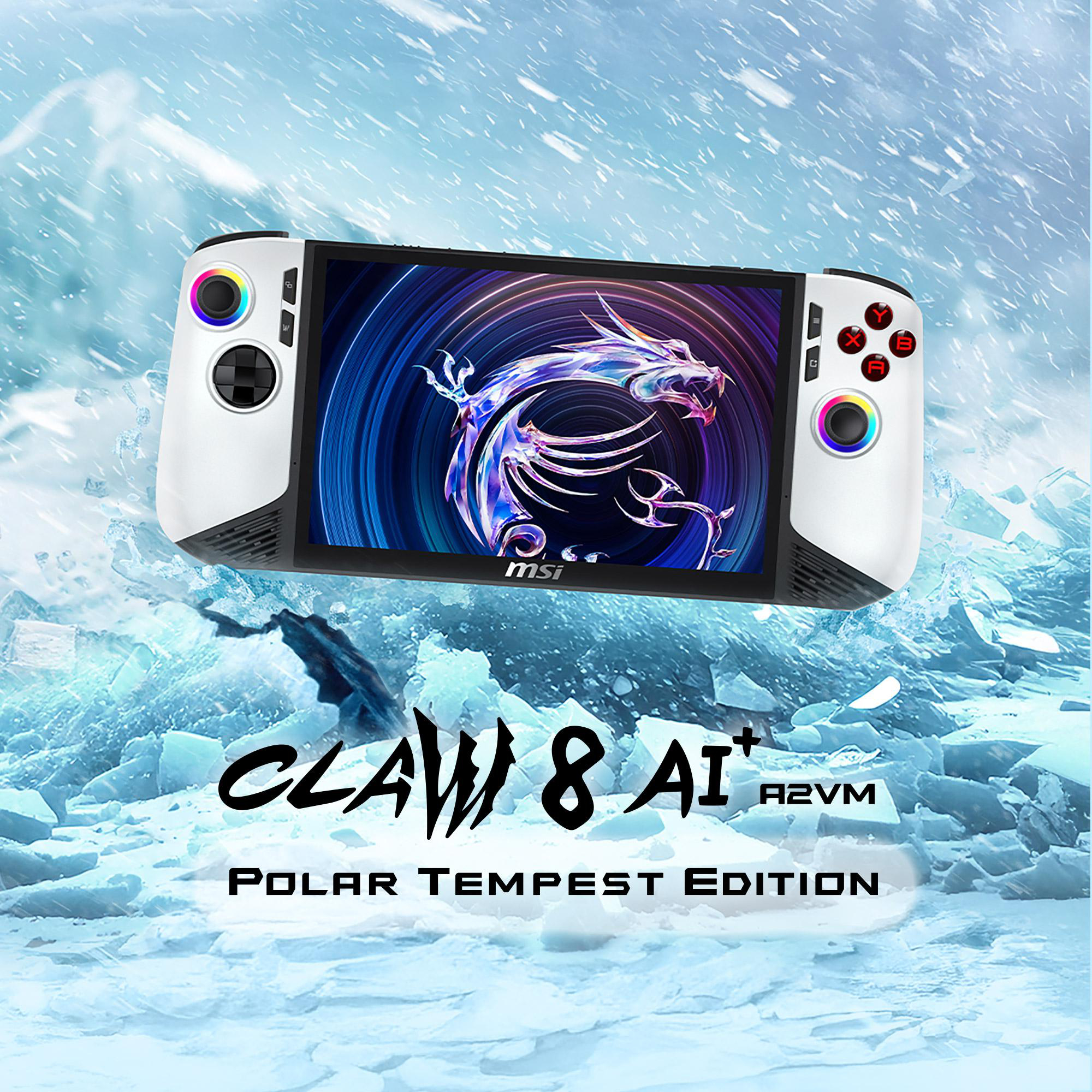 Ein weißes Handheld-Gaming-Gerät mit einem Bildschirm, der einen Drachen zeigt. Der Hintergrund hat ein eisiges, verschneites Thema.
