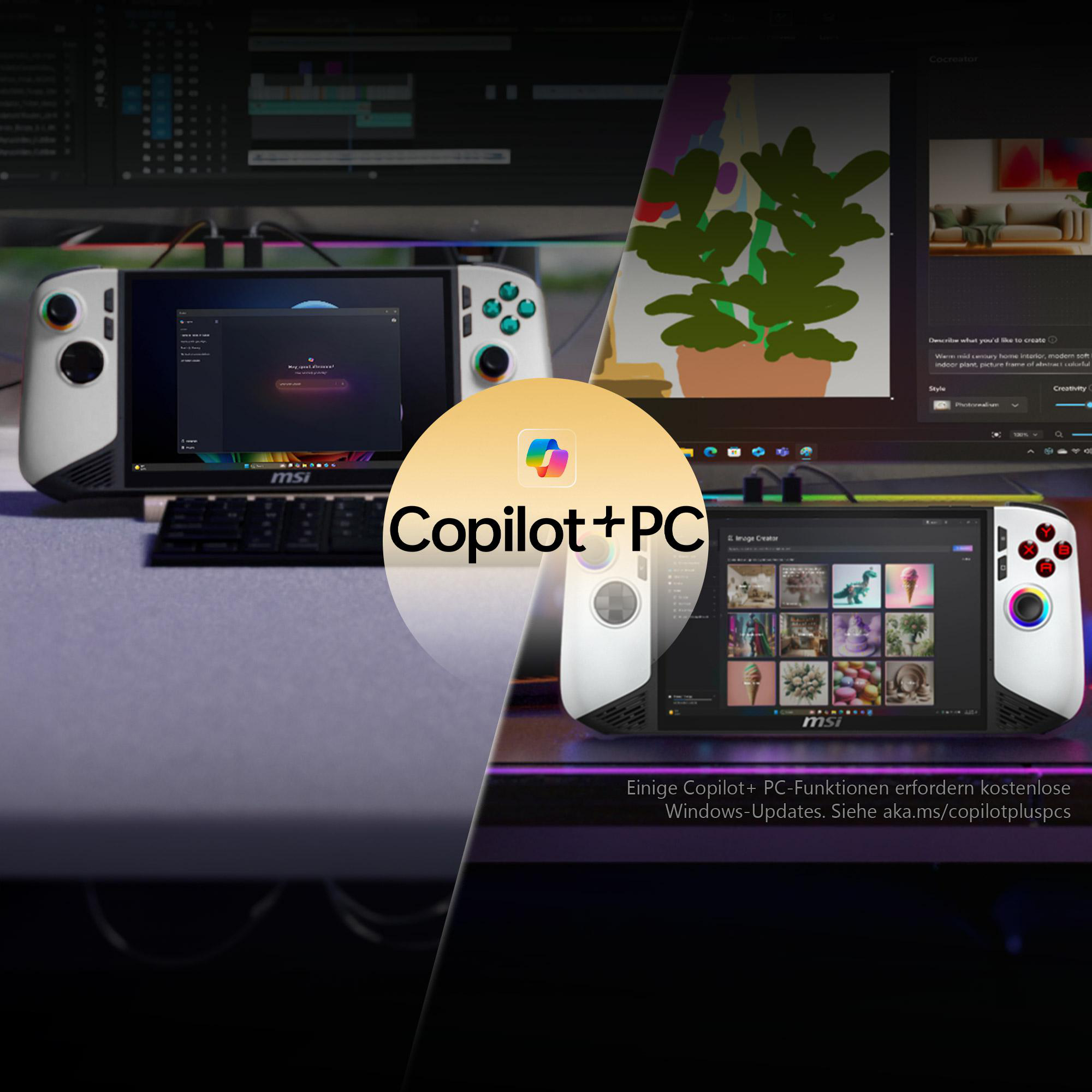 Das Bild zeigt zwei MSI-Handheld-PCs mit Bildschirmen, die Softwareschnittstellen anzeigen, und das Copilot+PC-Logo.