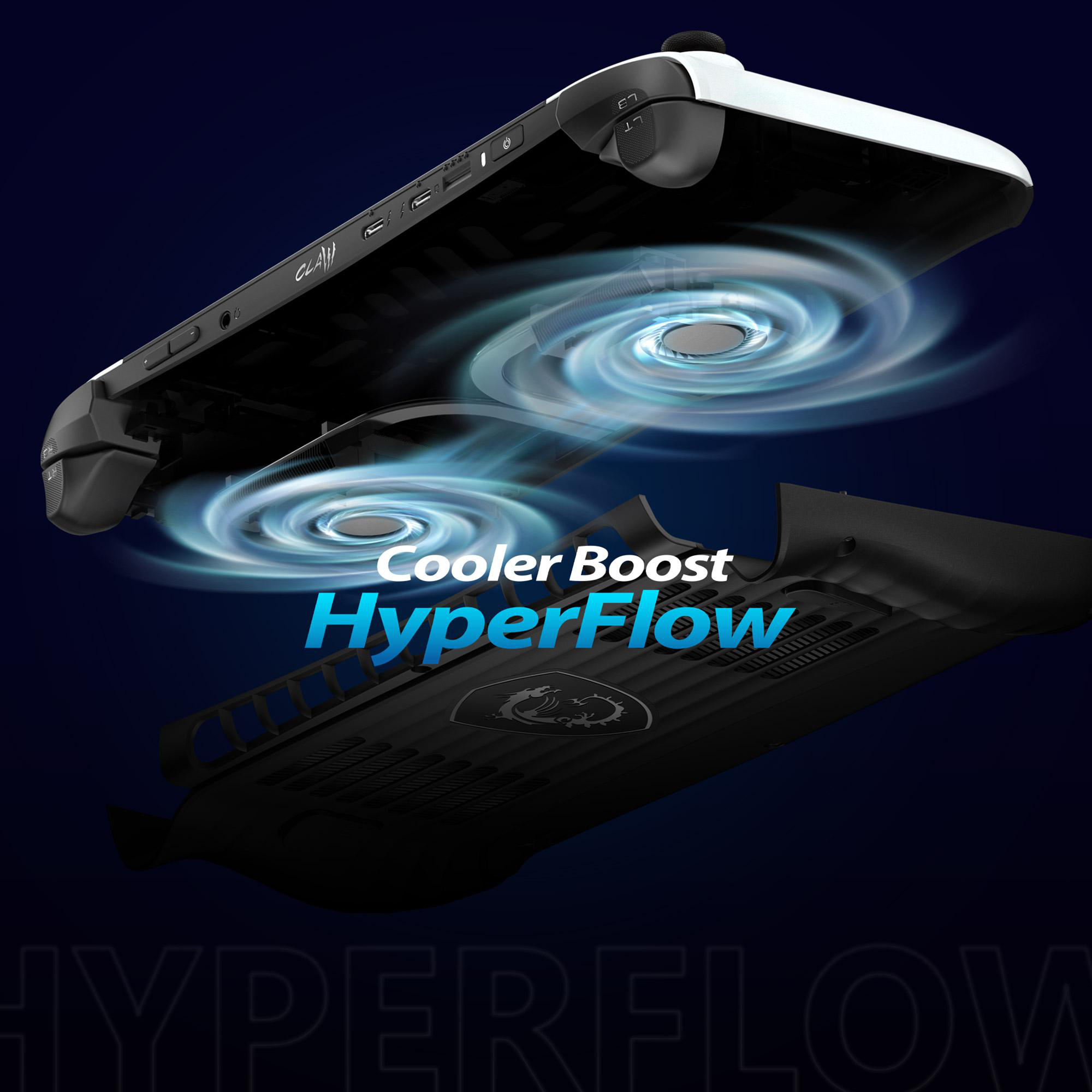 Ein schwarz-weißes Handheld-Spielgerät mit abgenommenem Rücken, das den Luftstrom und die Worte Cooler Boost HyperFlow zeigt.
