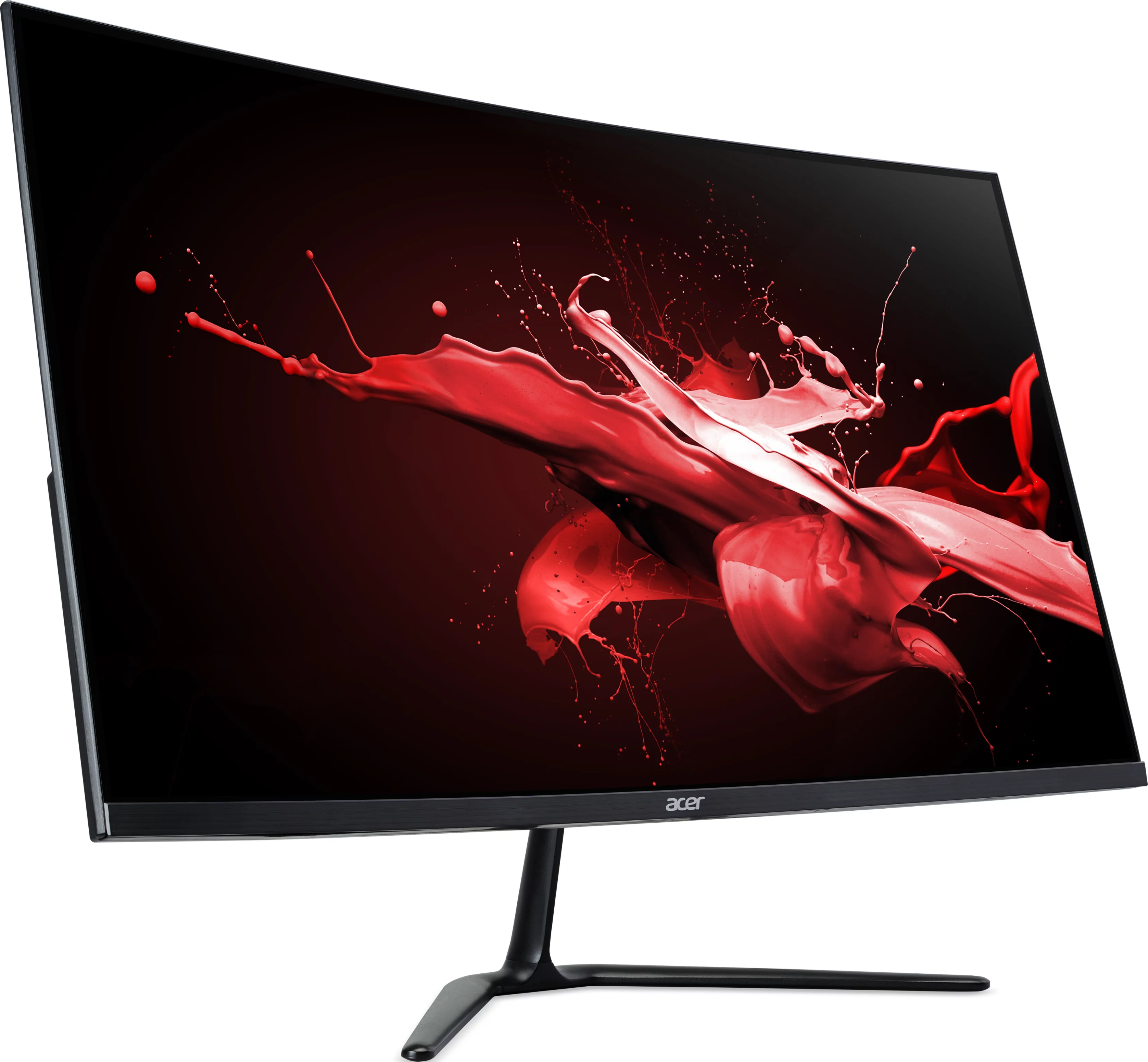 Ein gebogener Acer-Monitor mit einem roten, abstrakten Design auf dem Bildschirm. Der Ständer ist schwarz.