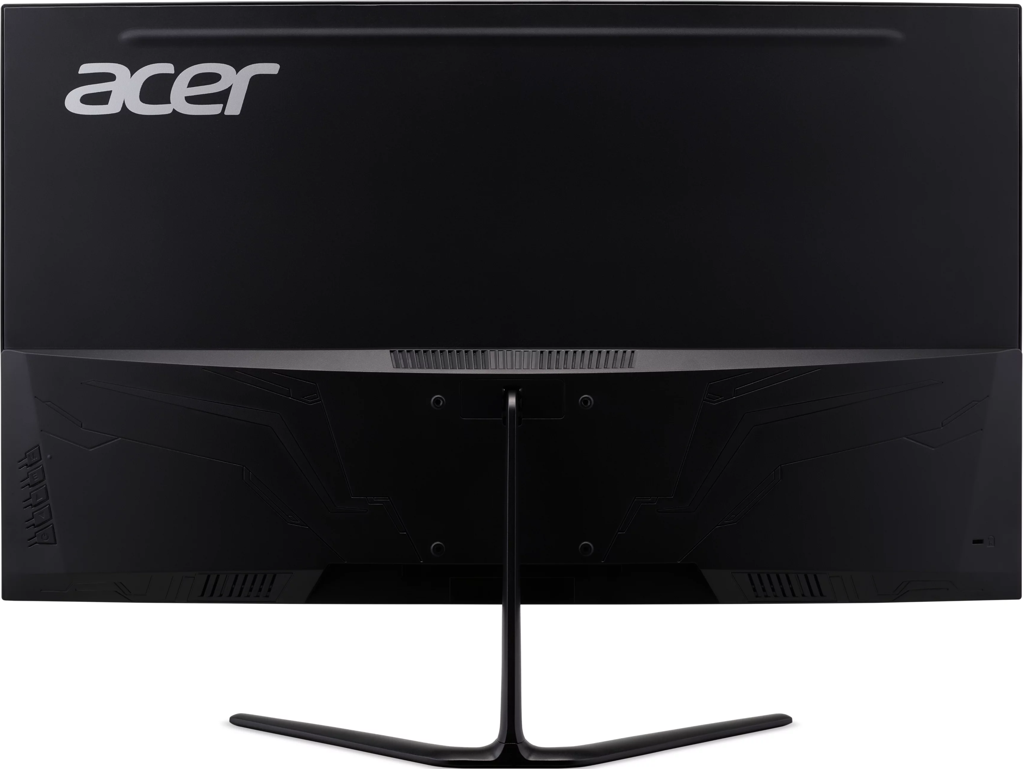 Rückseite eines schwarzen Acer-Monitors. Das Acer-Logo befindet sich oben. Es hat einen Ständer.