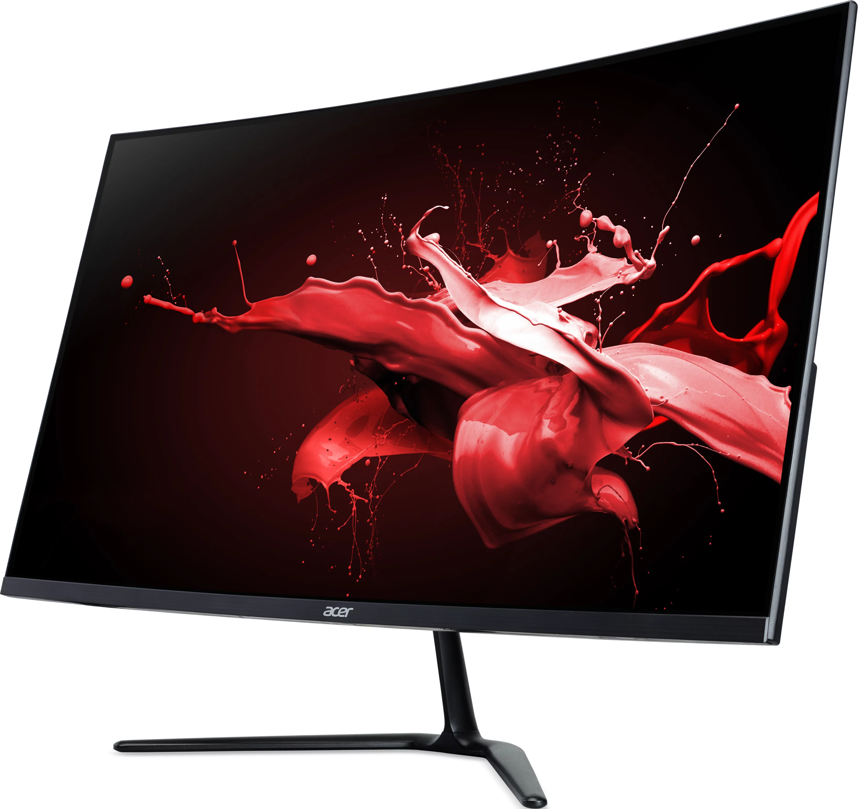 Gebogener Acer-Monitor mit rotem Farbspritzer auf dem Bildschirm, schwarzem Rahmen und Ständer.
