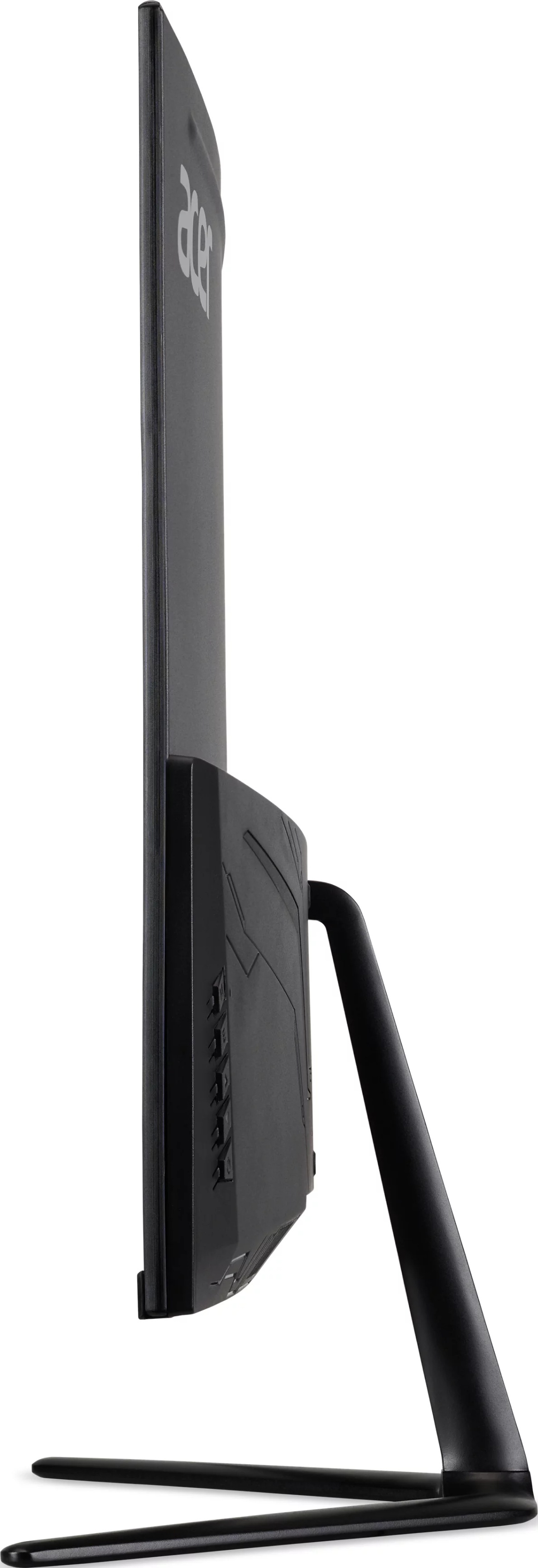 Seitenansicht eines schwarzen Computermonitors mit Acer-Logo. Der Monitor steht auf einem schwarzen Ständer, weißer Hintergrund.