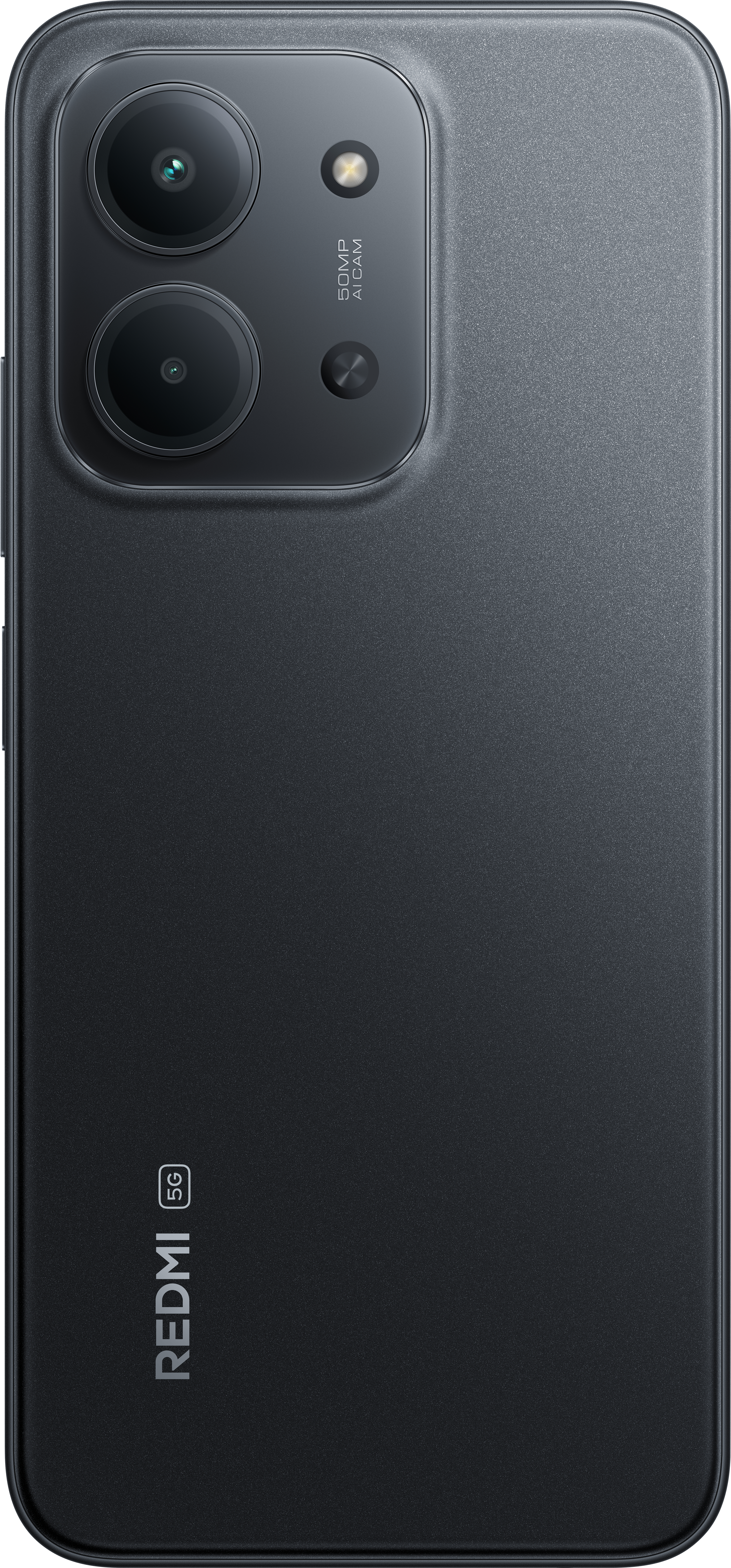 Schwarze Smartphone-Rückseite. Oben befinden sich zwei Linsen und ein Blitz. Unten steht 'REDMI 5G'.