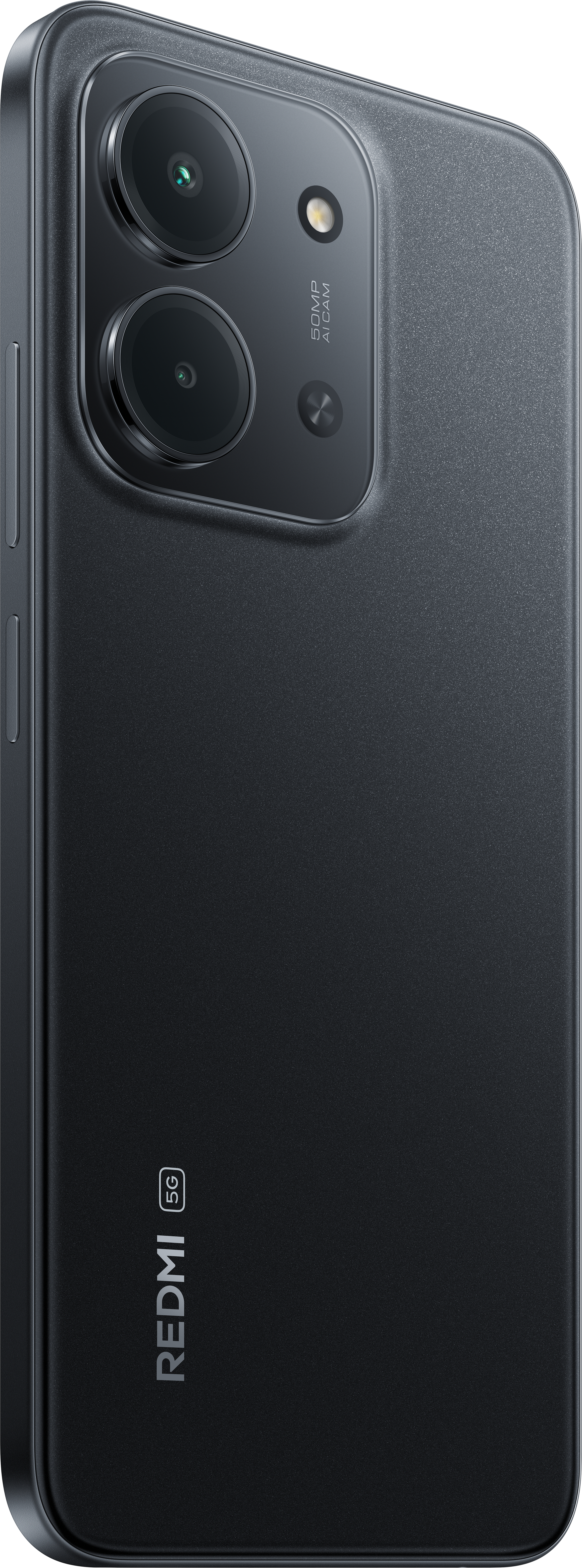 Schwarze Smartphone-Rückseite. Duale Kameralinsen, Blitz und 5G-Logo. Strukturierte Oberfläche. Redmi-Branding.