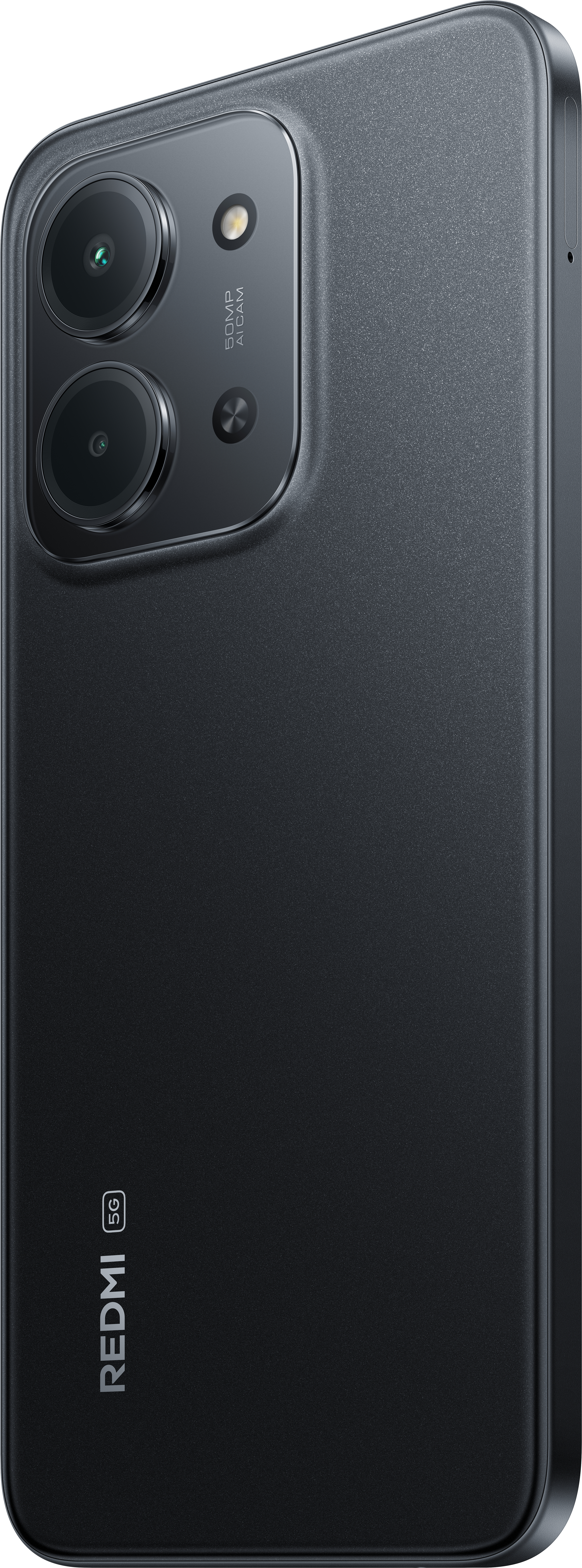 Schwarze Smartphone-Rückseite mit Kameraausbuchtung. Redmi 5G-Logo. Zwei Kameralinsen, ein Blitz. Strukturierte Oberfläche.