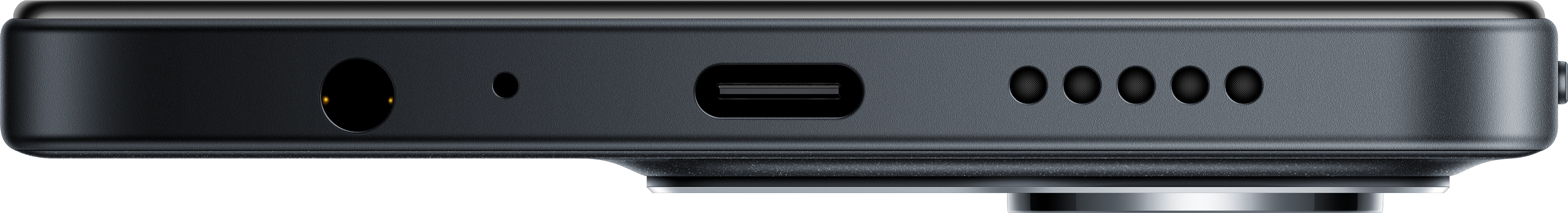 Nahaufnahme einer schwarzen Geräteseite. Sichtbar sind ein Ladeanschluss, ein kleines Loch, ein USB-C-Anschluss und sechs Lautsprecherlöcher.