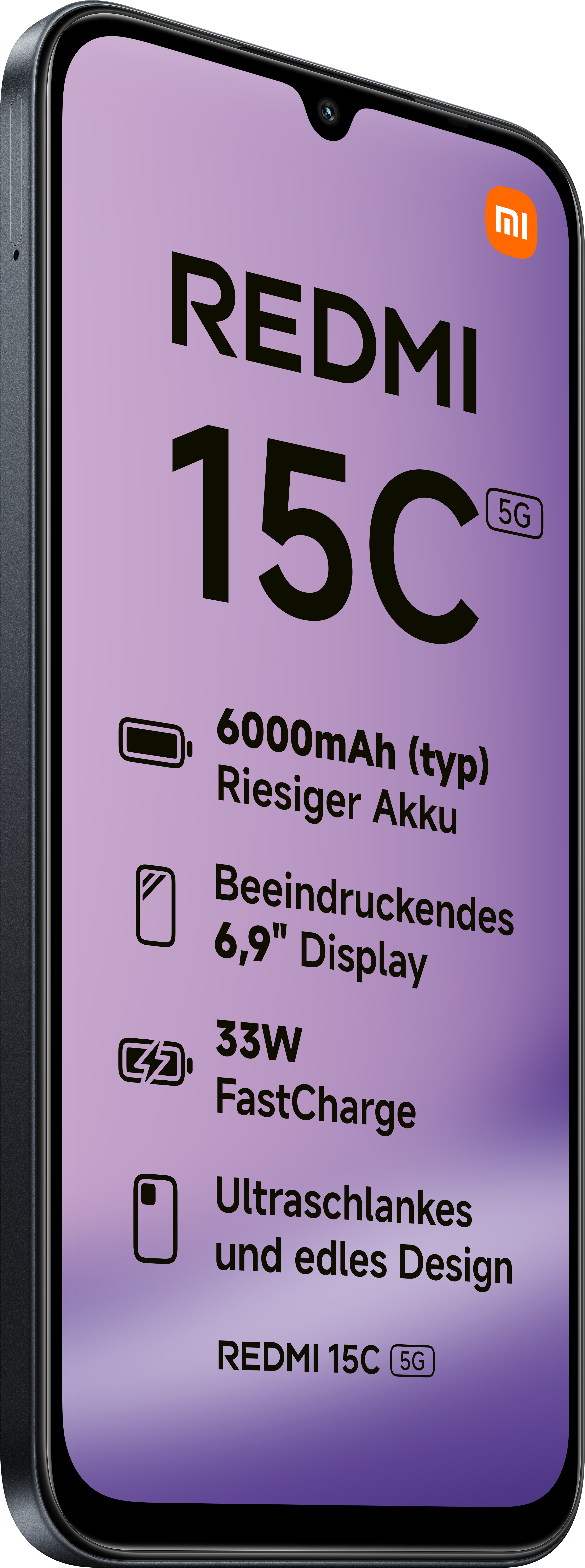 Ein Smartphone mit dem Modell Redmi 15C. Zu den Merkmalen gehören 6000mAh Akku, 6,9" Display, 33W FastCharge und schlankes Design.