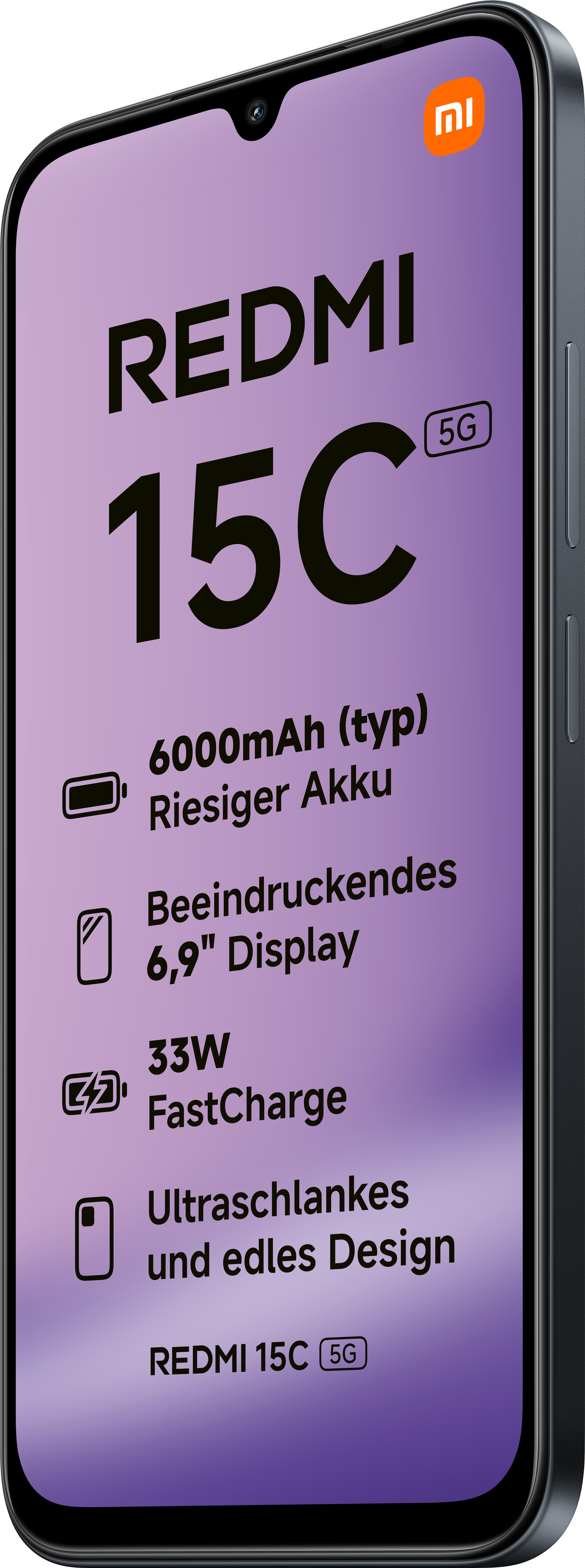 Ein Smartphone mit lila Bildschirm zeigt 'REDMI 15C' und Merkmale: 6000mAh Akku, 6,9" Display, 33W FastCharge.