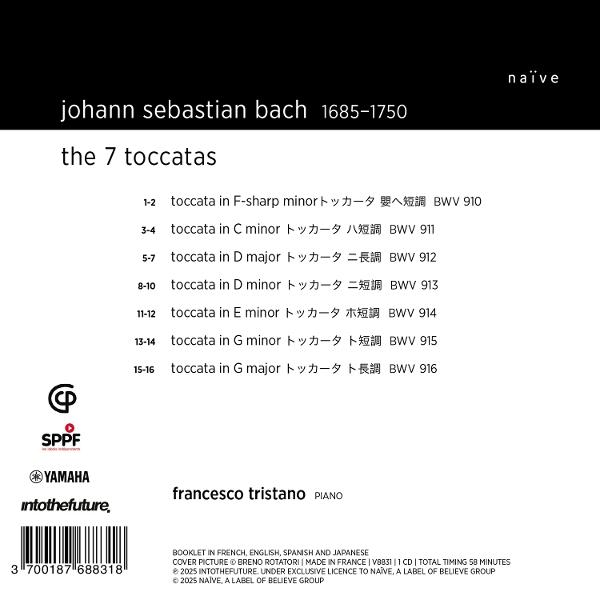 Albumcover mit Text, der 7 Toccaten von Johann Sebastian Bach auflistet, mit Francesco Tristano. Enthält Logos und einen Barcode.