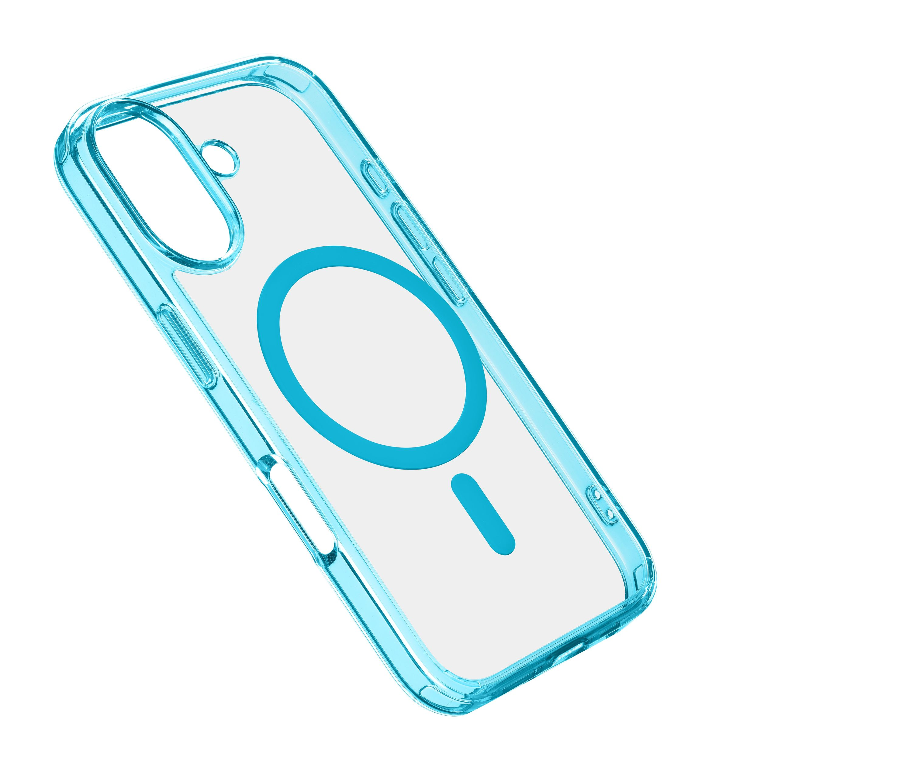 Eine transparente, blau getönte Handyhülle mit kreisförmigem Magnetdesign ist auf weißem Hintergrund abgewinkelt.