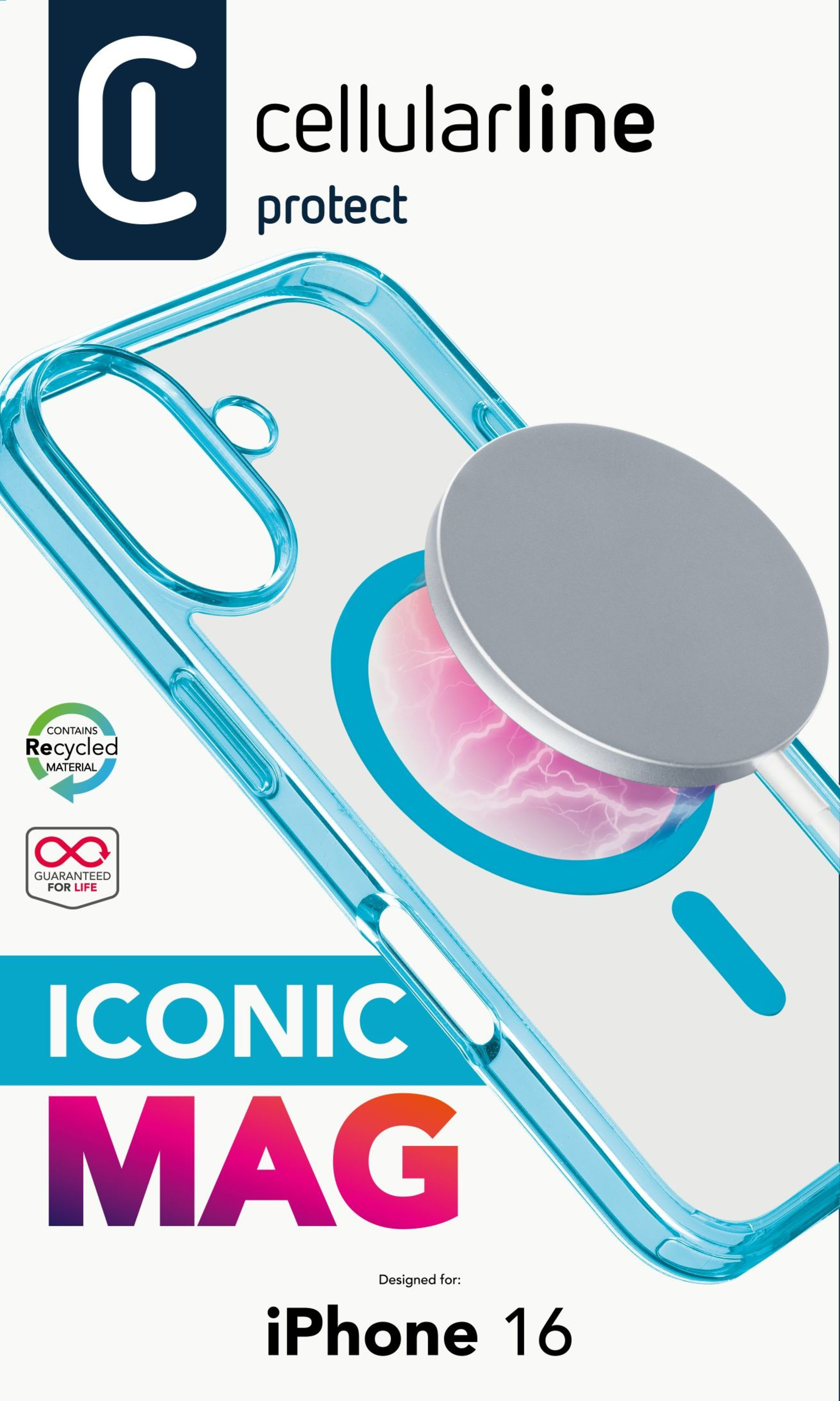 Eine Handyhülle mit Magnetring, blauen Akzenten und Text: Iconic MAG, designed for iPhone 16. Enthält recyceltes Material.