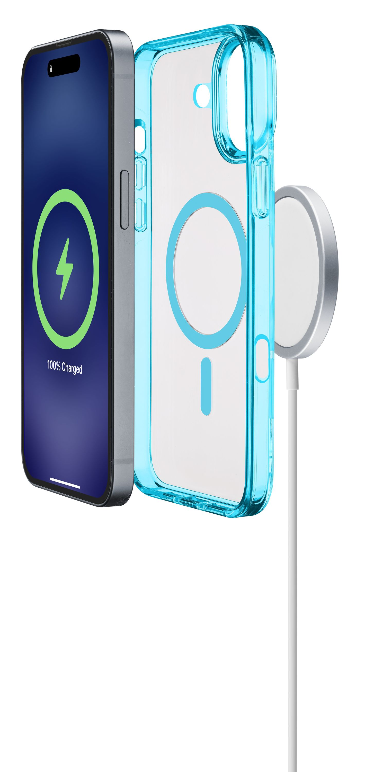 iPhone wird aufgeladen mit Hülle. Das Telefon zeigt 100% geladen an. Eine blaue Hülle und ein weißes Ladegerät sind auch sichtbar.