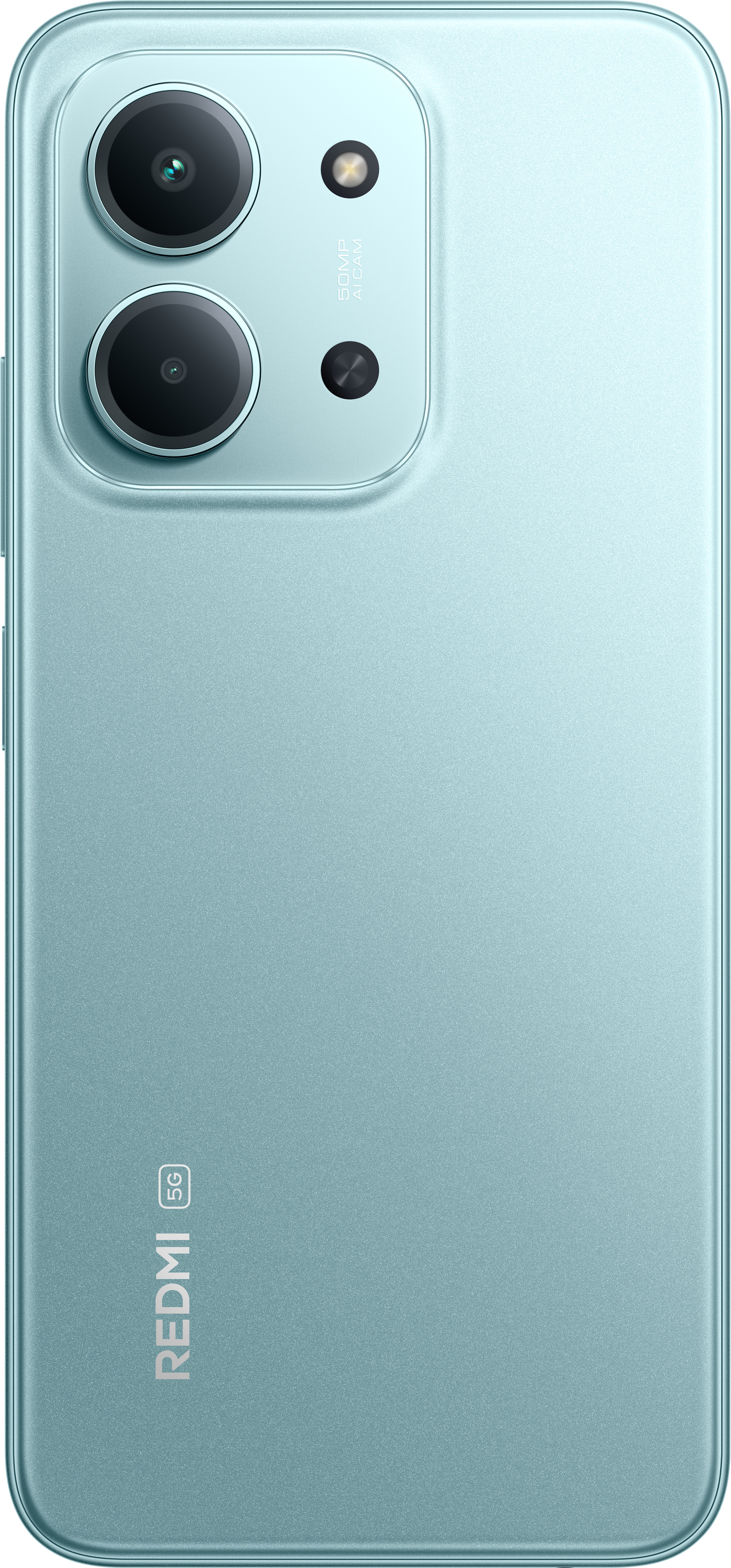 Rückseite eines hellblauen Smartphones. Verfügt über drei Kameralinsen und ein 5G-Logo. Der Markenname ist sichtbar. Das Telefon ist sauber.