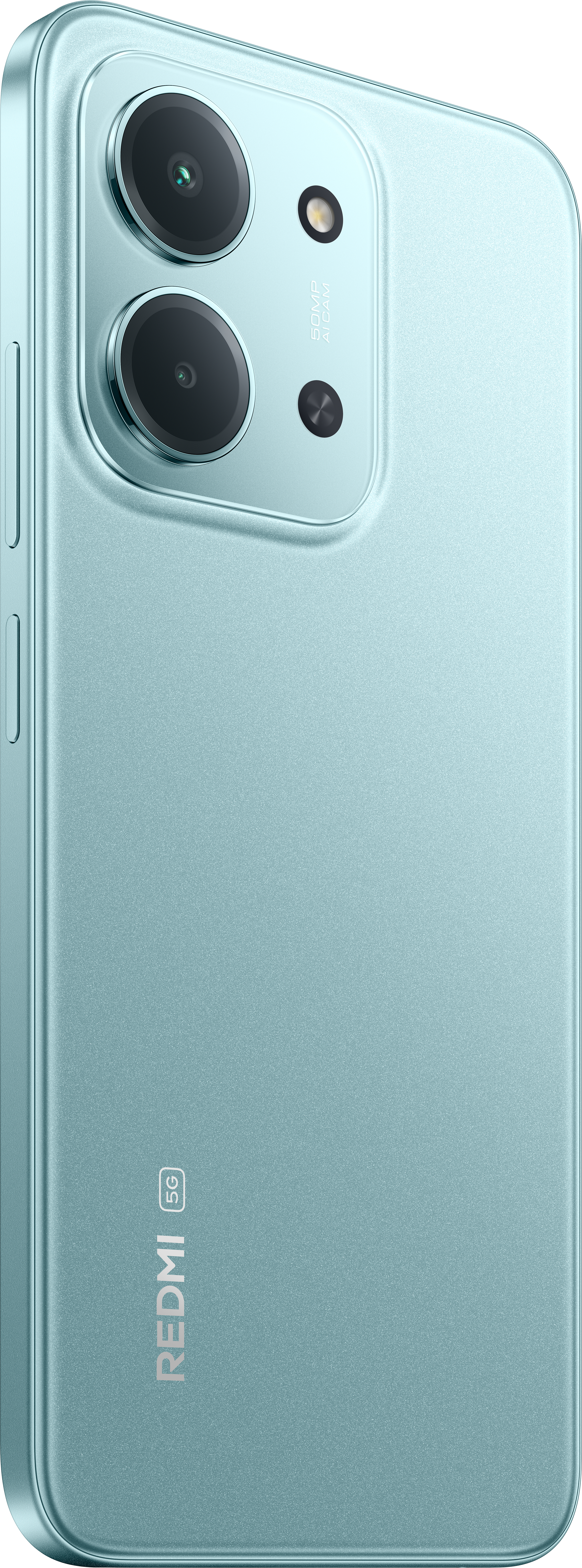 Rückseite eines hellblauen Smartphones mit zwei Kameras und Blitz. Der Markenname ist sichtbar.
