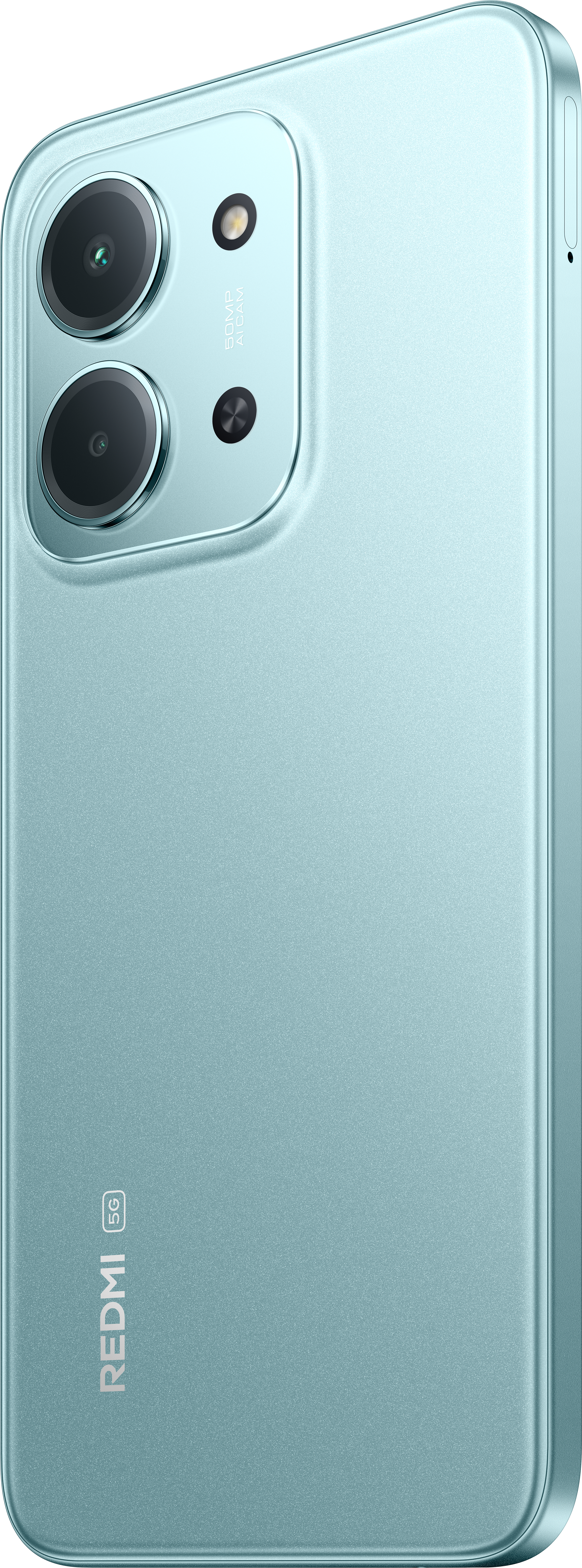 Rückseite eines helltürkisfarbenen Smartphones mit Dual-Kamera und 5G-Logo. Die Oberfläche hat eine strukturierte Oberfläche.