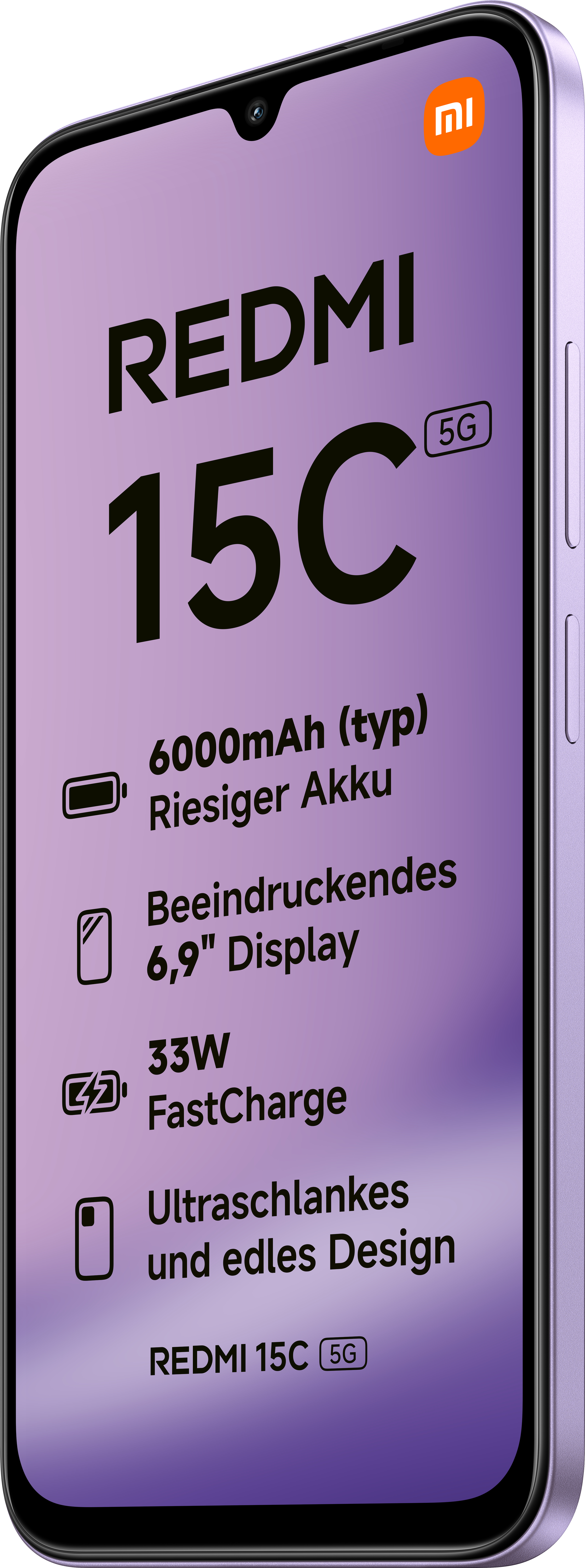 Ein lilafarbenes Smartphone mit der Aufschrift "REDMI 15C 5G". Merkmale sind ein 6000mAh Akku, 6,9" Display und 33W FastCharge.