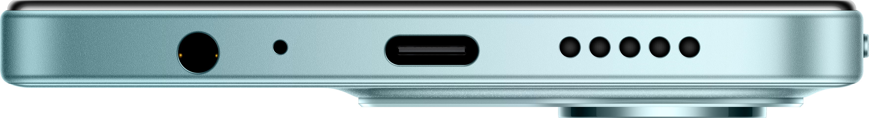 Nahaufnahme der Unterkante des Telefons. Mit Kopfhöreranschluss, Mikrofon, USB-C-Anschluss und Lautsprechergitter. Hellblaue Farbe.