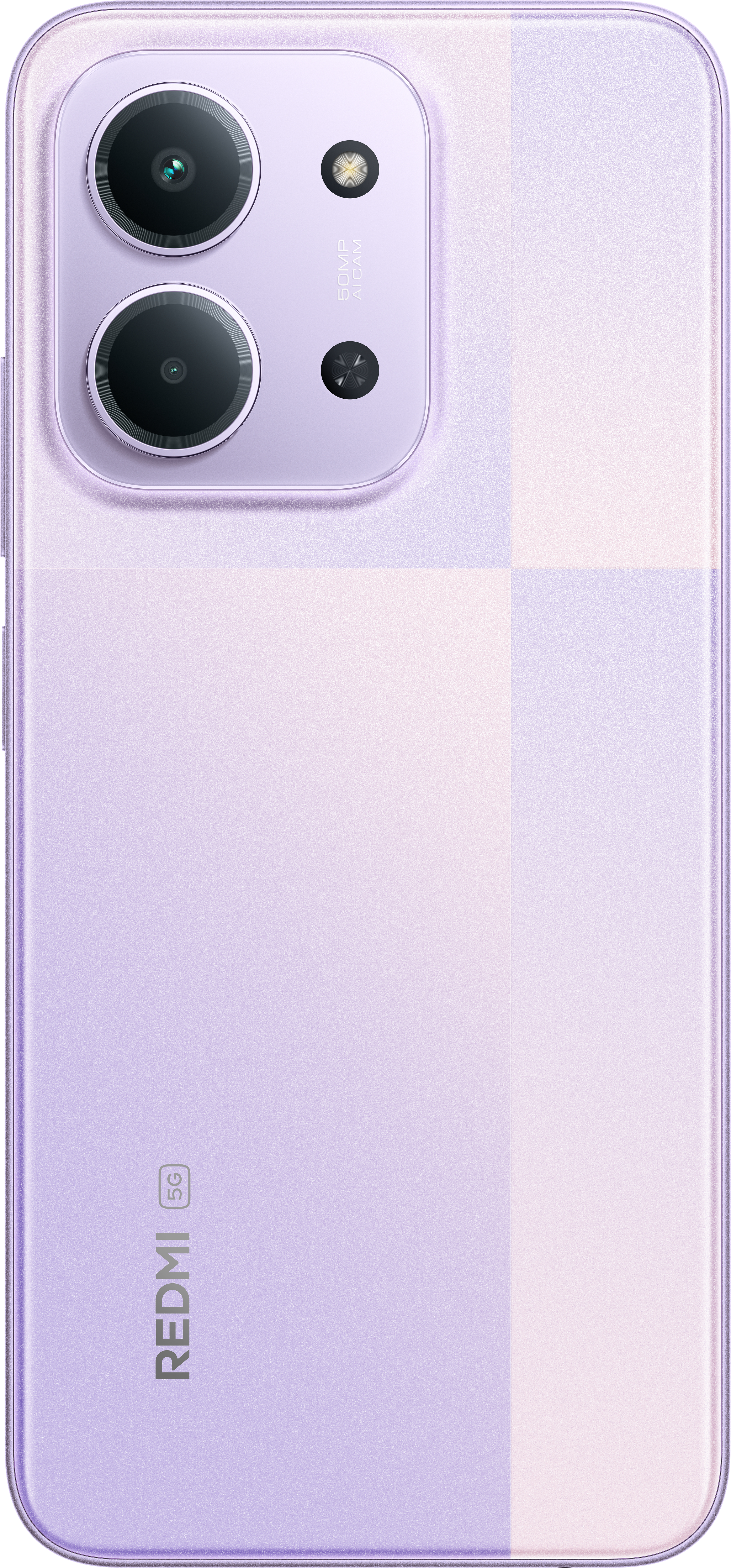 Eine violette Smartphone-Rückseite mit Kameralinsen, 50MP AI CAM und Redmi 5G-Logo. Es hat ein Dual-Tone-Design.