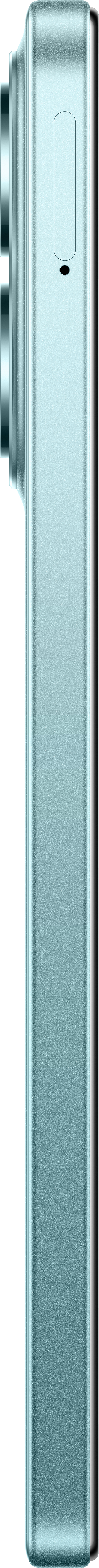 Seitenansicht eines hellblauen Smartphones. Es hat eine Kameraerhebung und eine kleine Taste.