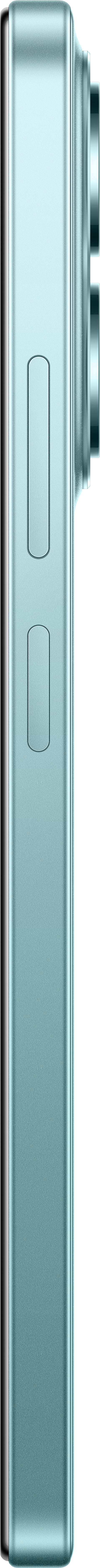 Seitenansicht eines türkisfarbenen Telefons. Es hat zwei Knöpfe und eine Kameraerhebung. Das Telefon hat eine metallische Textur.