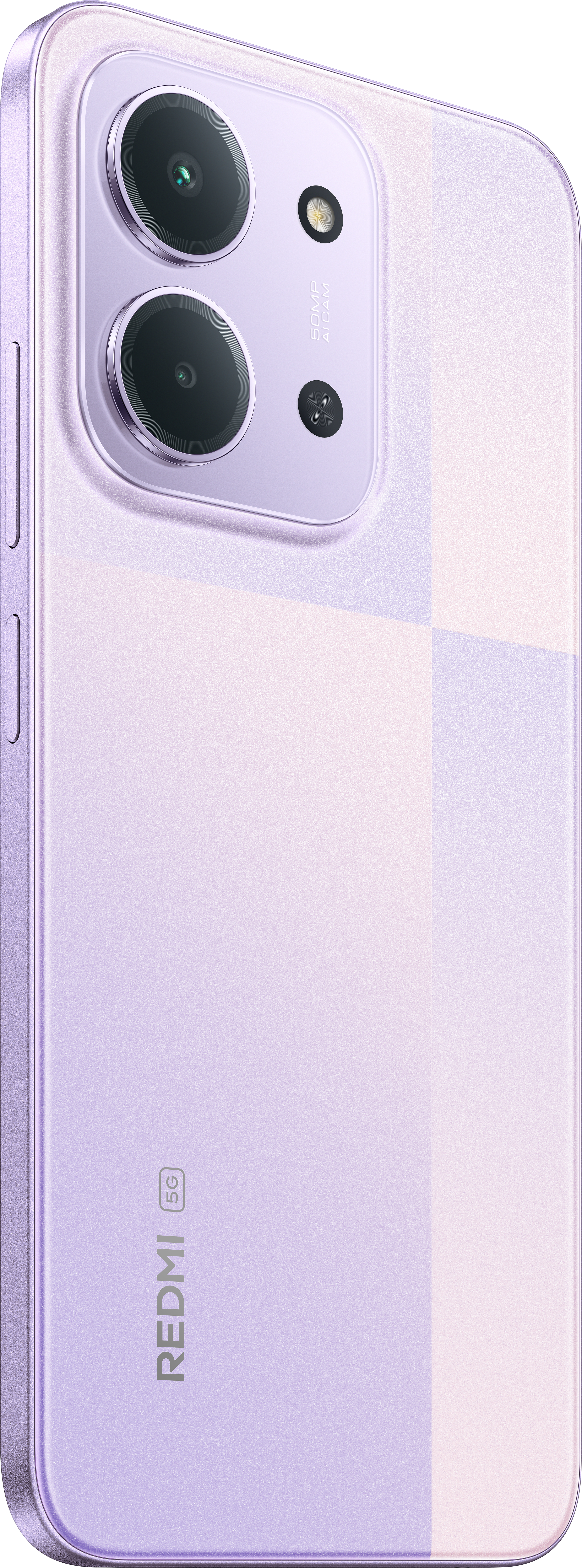 Rückseite eines lila Smartphones mit Kameralinsen, 5G-Logo und Redmi-Branding. Das Telefon hat ein glänzendes Finish.