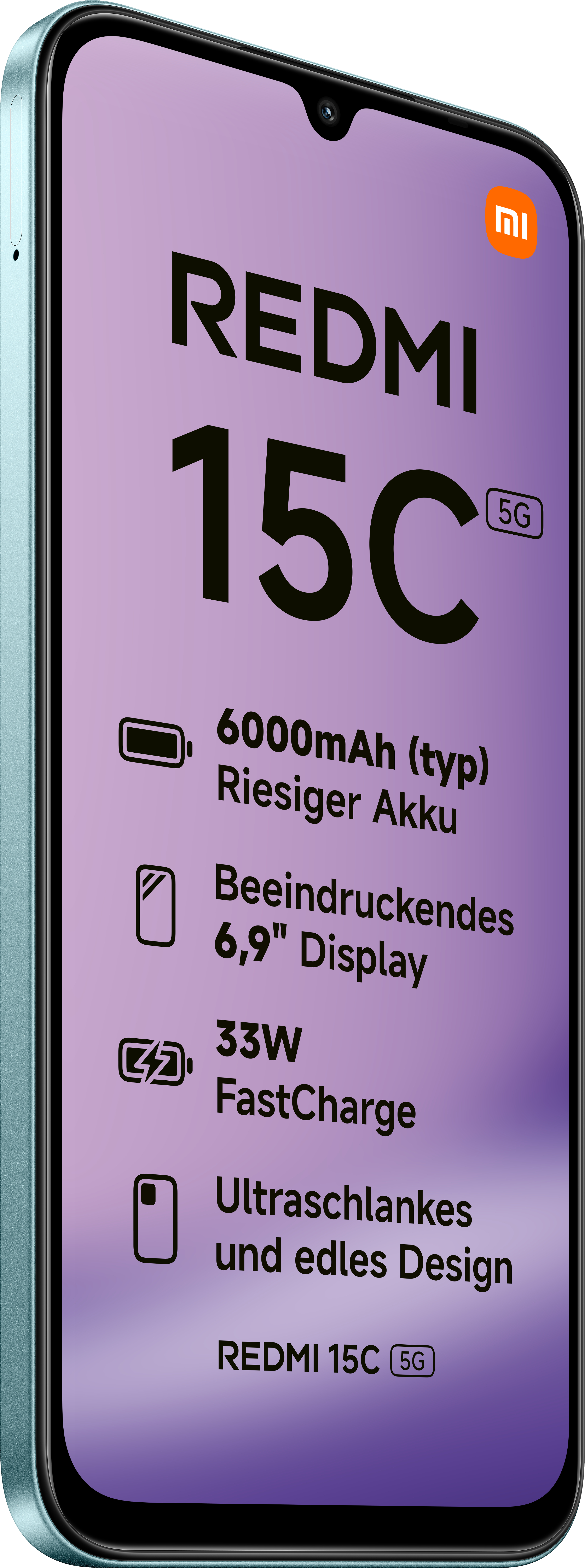 Ein Smartphone mit der Aufschrift 'REDMI 15C' und den Spezifikationen: 6000mAh Akku, 6,9" Display, 33W FastCharge und ein schlankes Design.