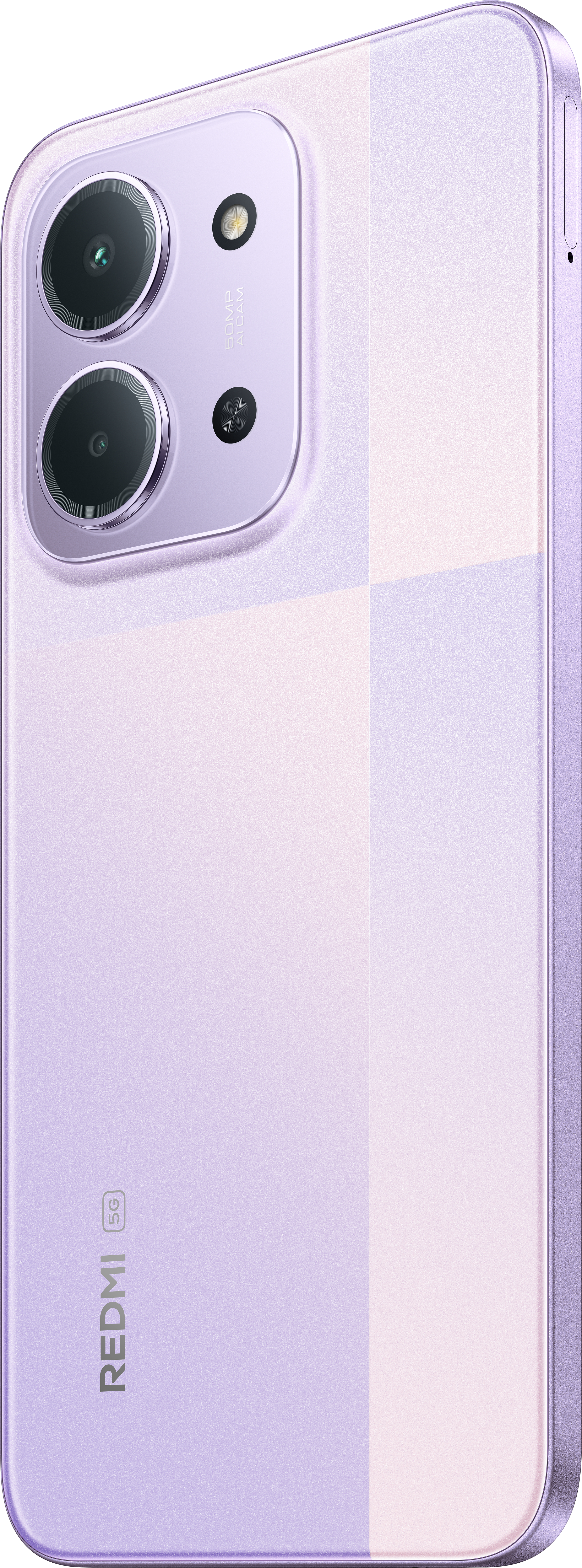 Lila Redmi 5G-Telefon. Zwei Kameras und ein Blitz sind sichtbar. Die Rückseite hat ein Rastermuster.