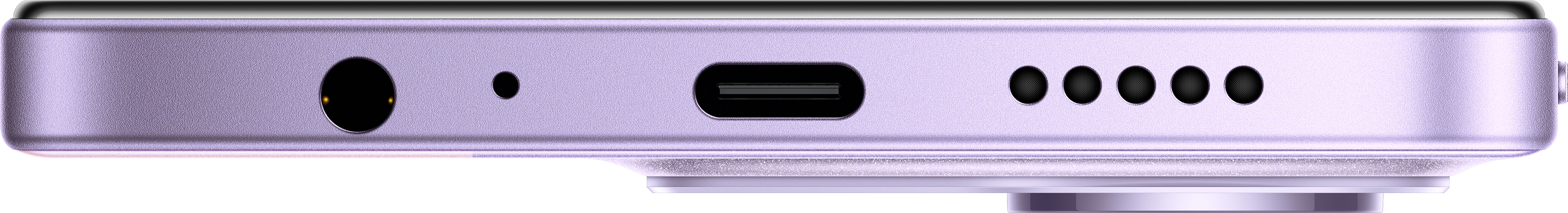 Nahaufnahme der Unterseite eines lila Telefons. Sichtbar sind Anschlüsse für Audio, USB-C und Lautsprecher.