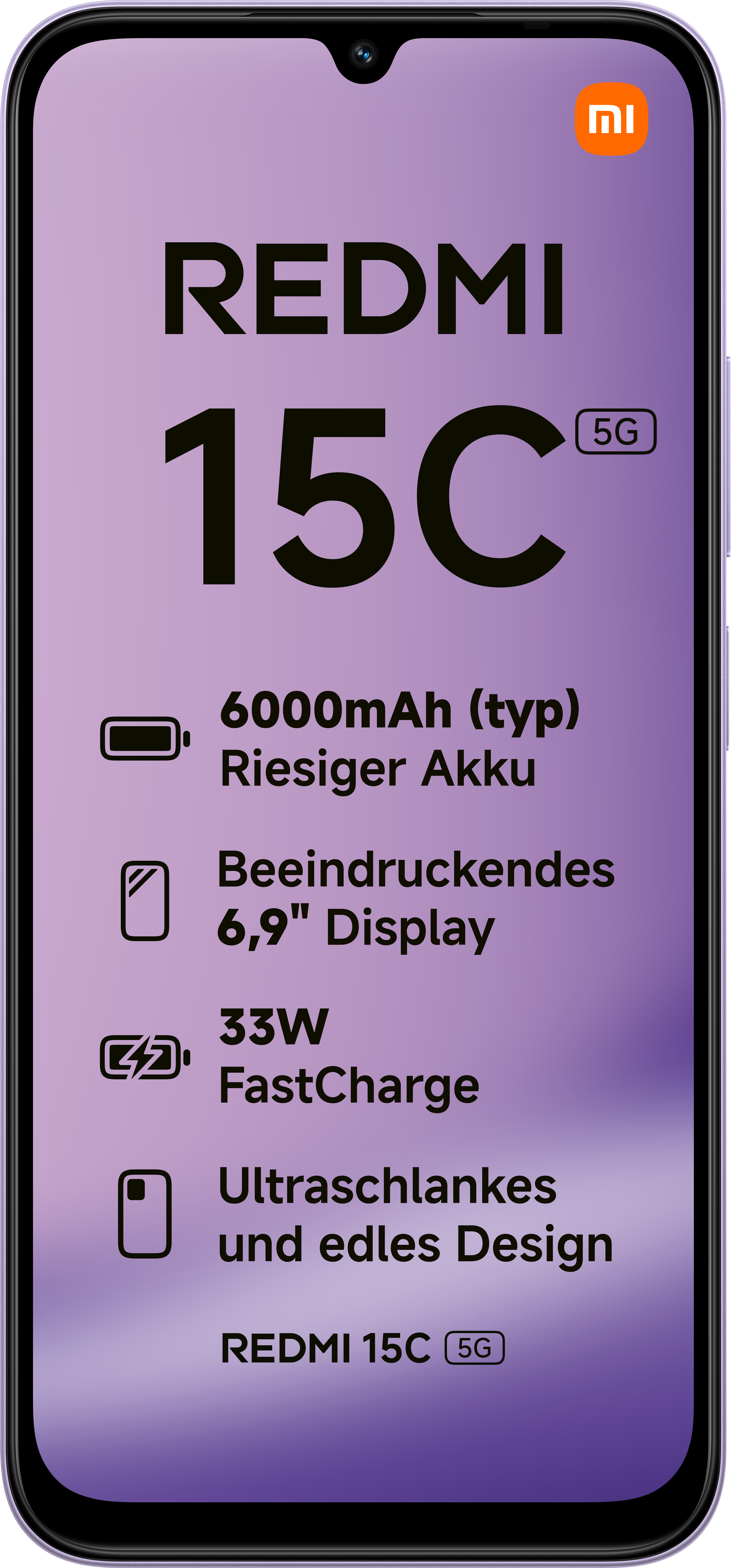 Ein Handy mit dem Namen Redmi 15C. Es verfügt über einen 6000mAh Akku, 6,9" Display, 33W FastCharge und ein schlankes Design.