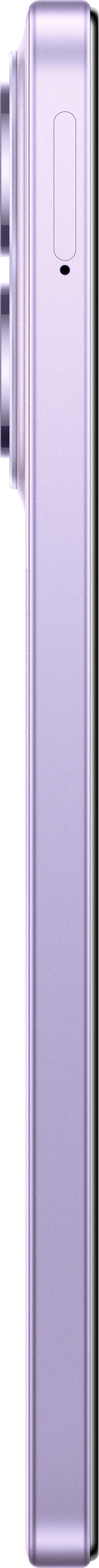 Seitenansicht eines lilafarbenen Smartphones mit Kamera, Power-Taste und schwarzem Rand.