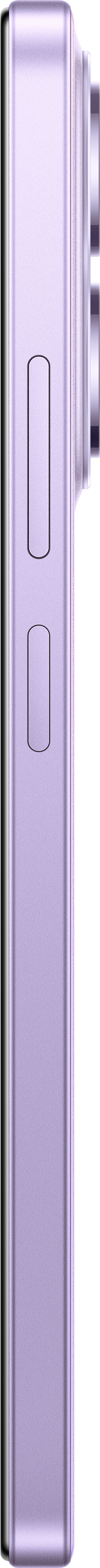 Seitenansicht eines lila Smartphones. Es hat zwei Tasten, und ein Kameramodul ist rechts sichtbar.