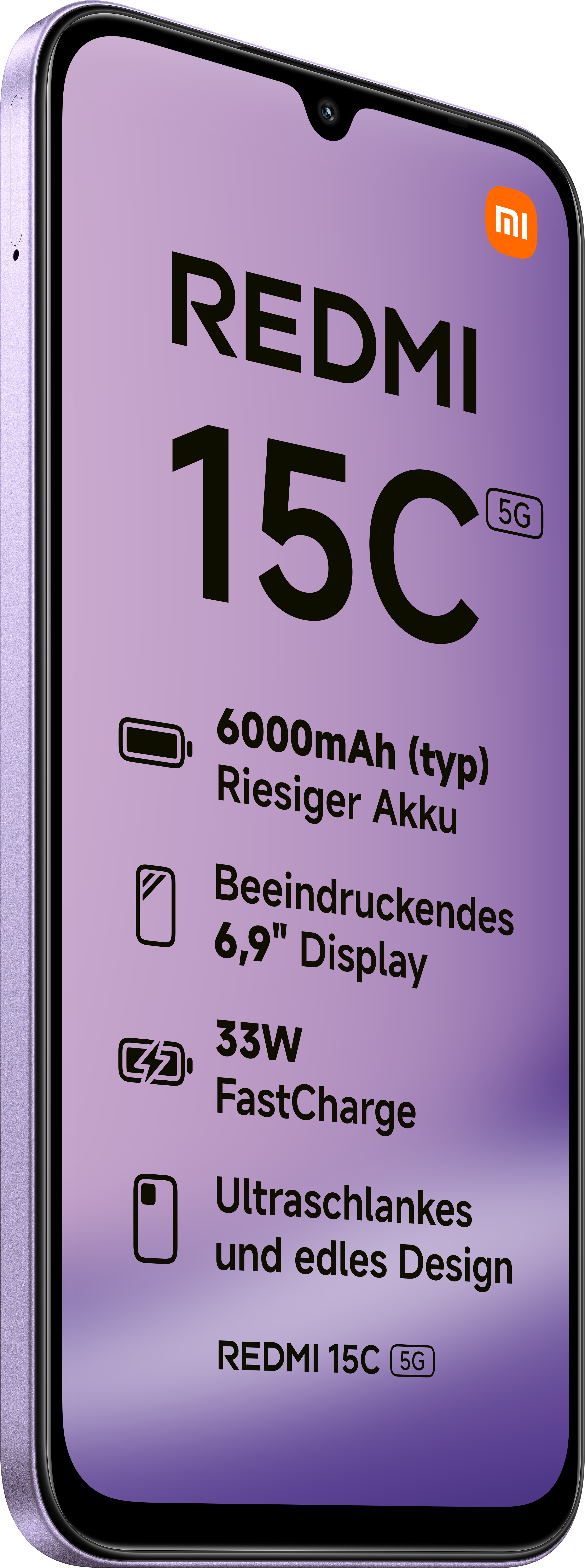 Ein Redmi 15C 5G Telefon zeigt seine Merkmale: 6000mAh Akku, 6,9" Display, 33W Schnellladung und ultradünnes Design.