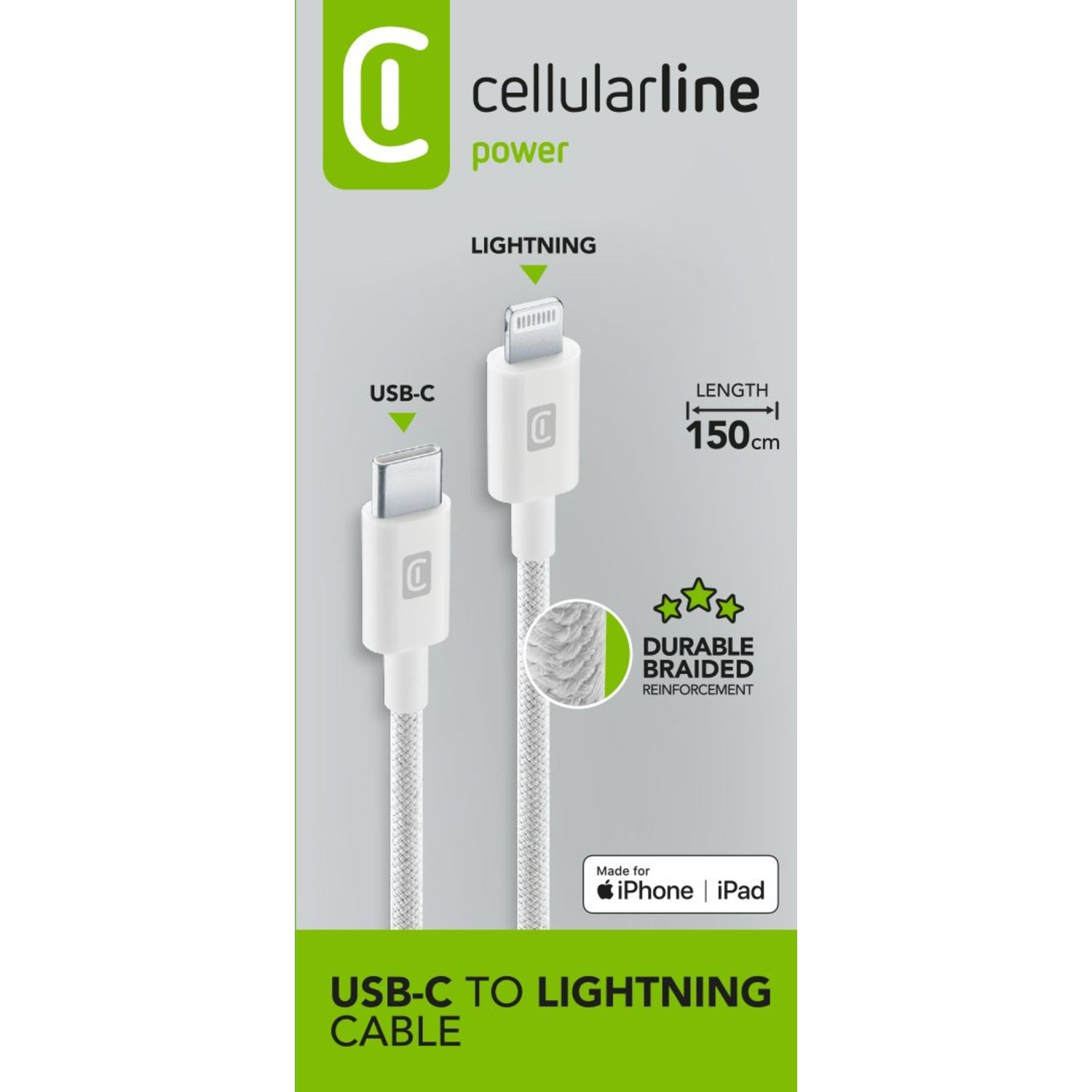 Un cavo bianco da USB-C a Lightning. La confezione mostra il cavo, le sue caratteristiche e il marchio 'cellularline'.