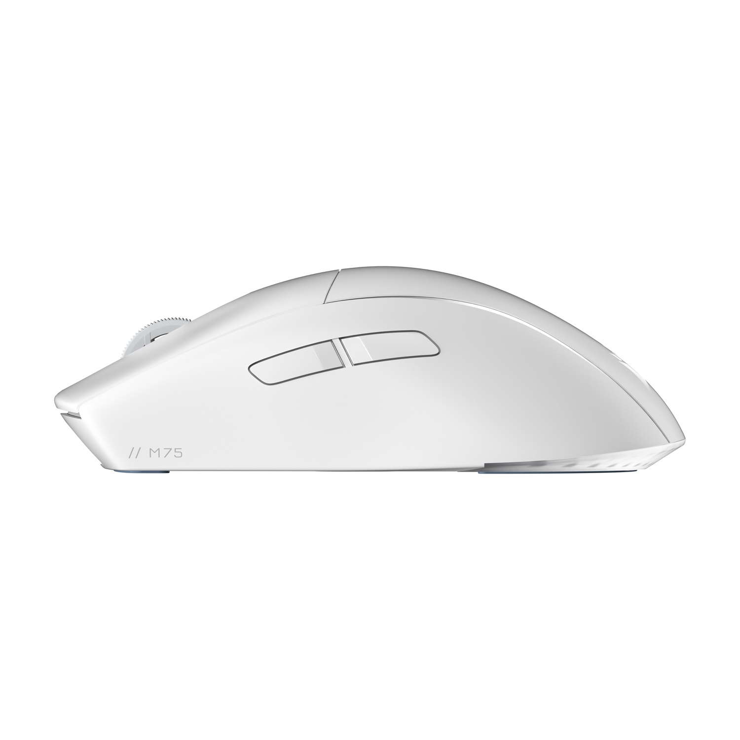 Un mouse per computer bianco. Ha una rotellina, due pulsanti e un logo. Il mouse è su sfondo bianco.