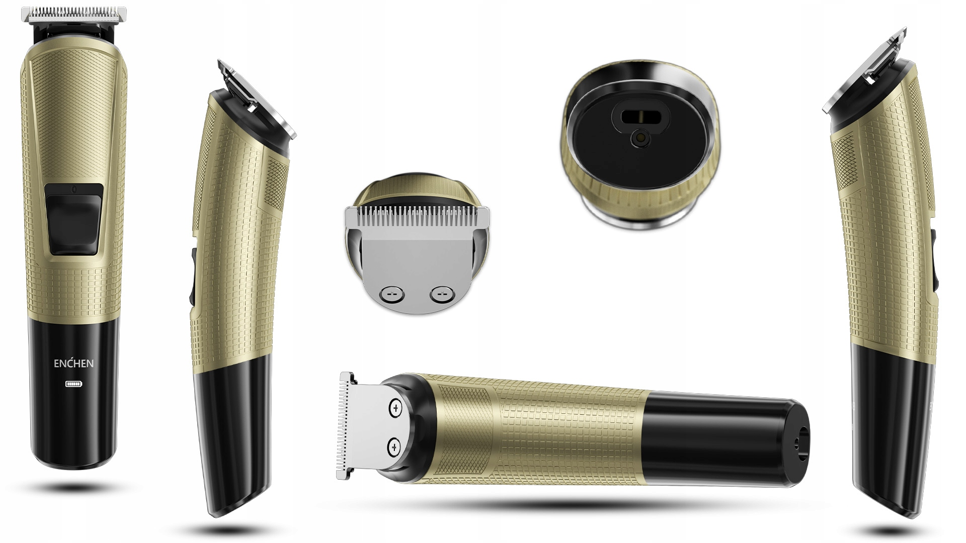 Wiele widoków złotej i czarnej elektrycznej maszynki do włosów, pokazujących ostrze, uchwyt i różne kąty.