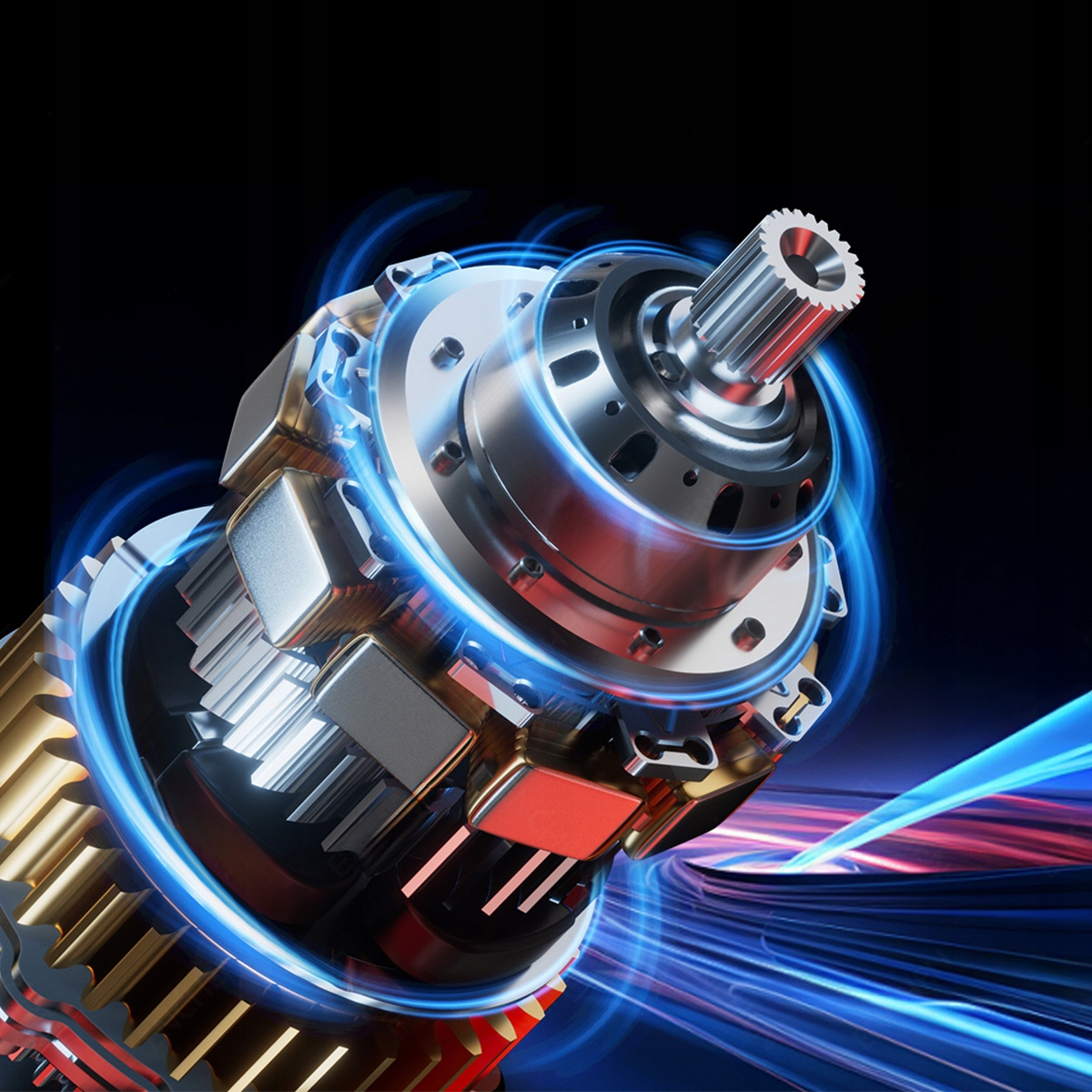 Zbliżenie metalowej części maszyny z wieloma kołami zębatymi i centralnym wałem. Niebieskie linie energii otaczają ją na czarnym tle.