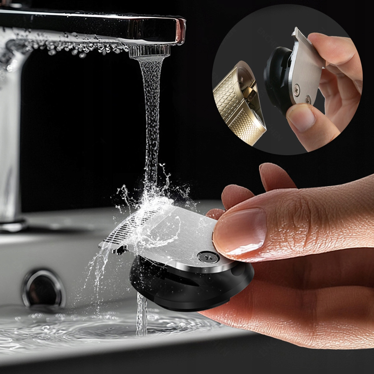 Ręka myjąca srebrne ostrze maszynki pod bieżącą wodą. Zbliżenie pokazuje czyszczenie ostrza.