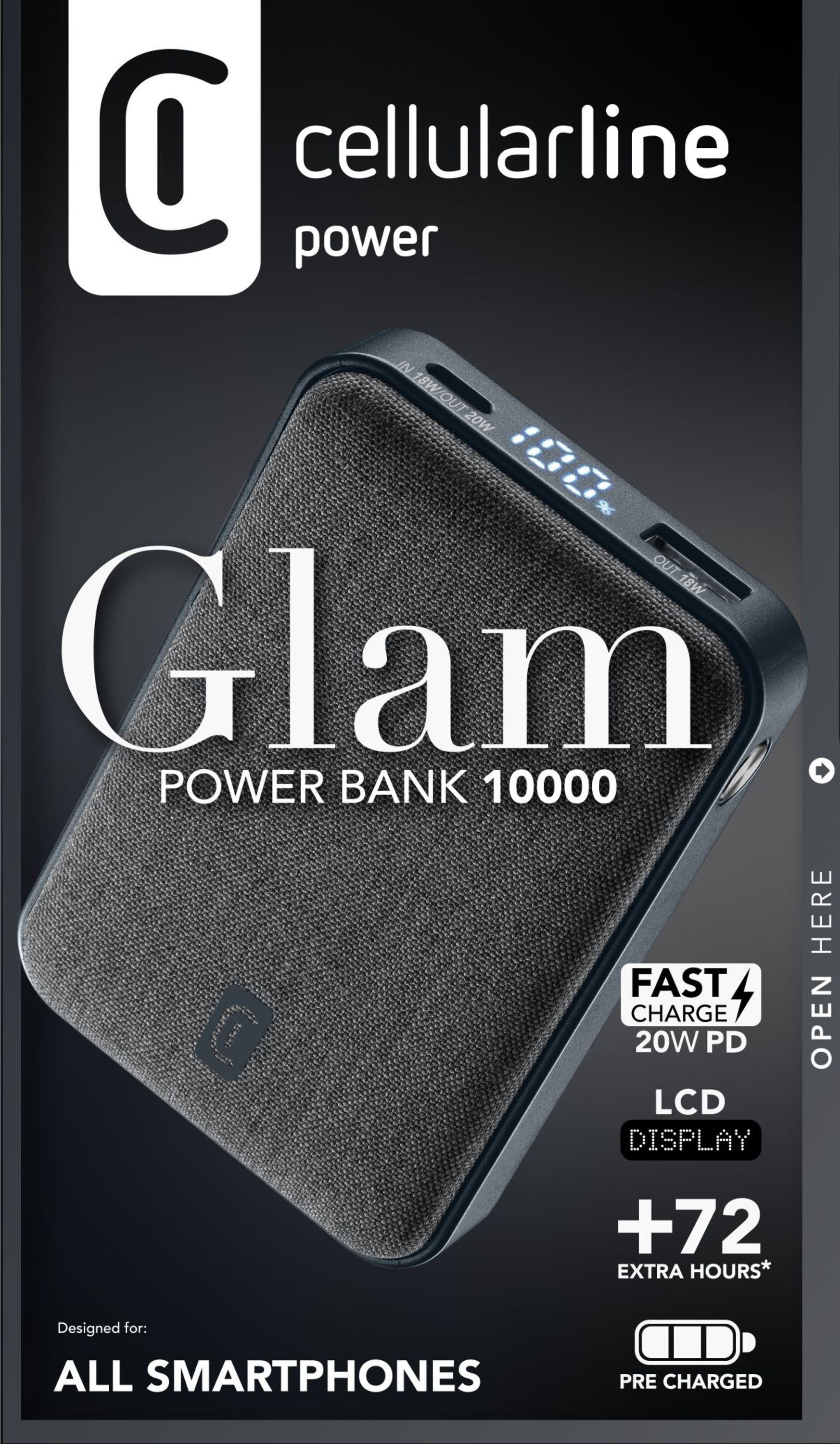 Graue Powerbank mit Anzeige 100%. Text: 'Glam Power Bank 10000', 'Fast Charge' und '+72 Stunden'.