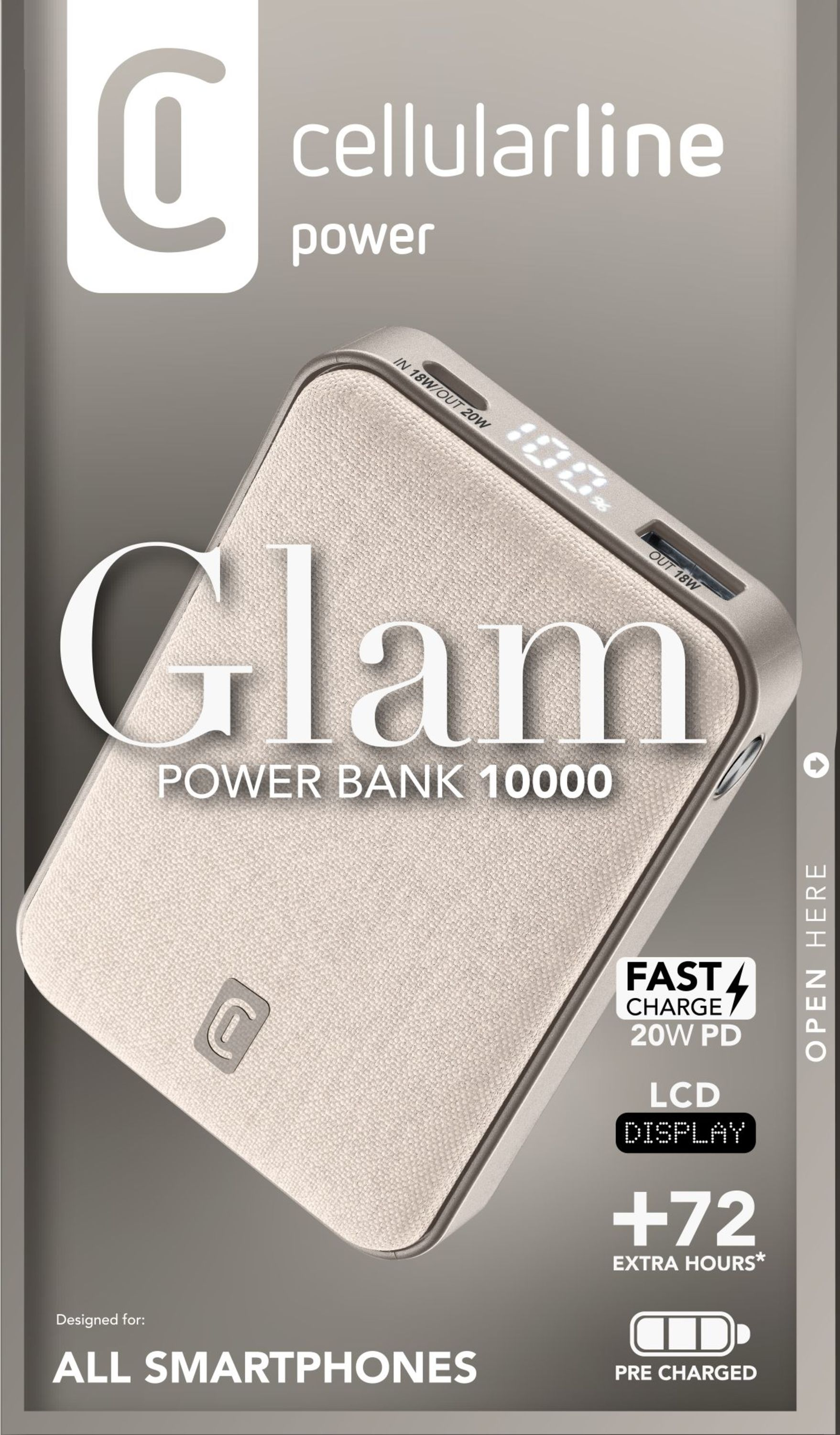 Eine Powerbank mit dem Wort Glam, der Marke cellularline und Funktionen wie Schnellladung, LCD-Anzeige und +72 Extra-Stunden.